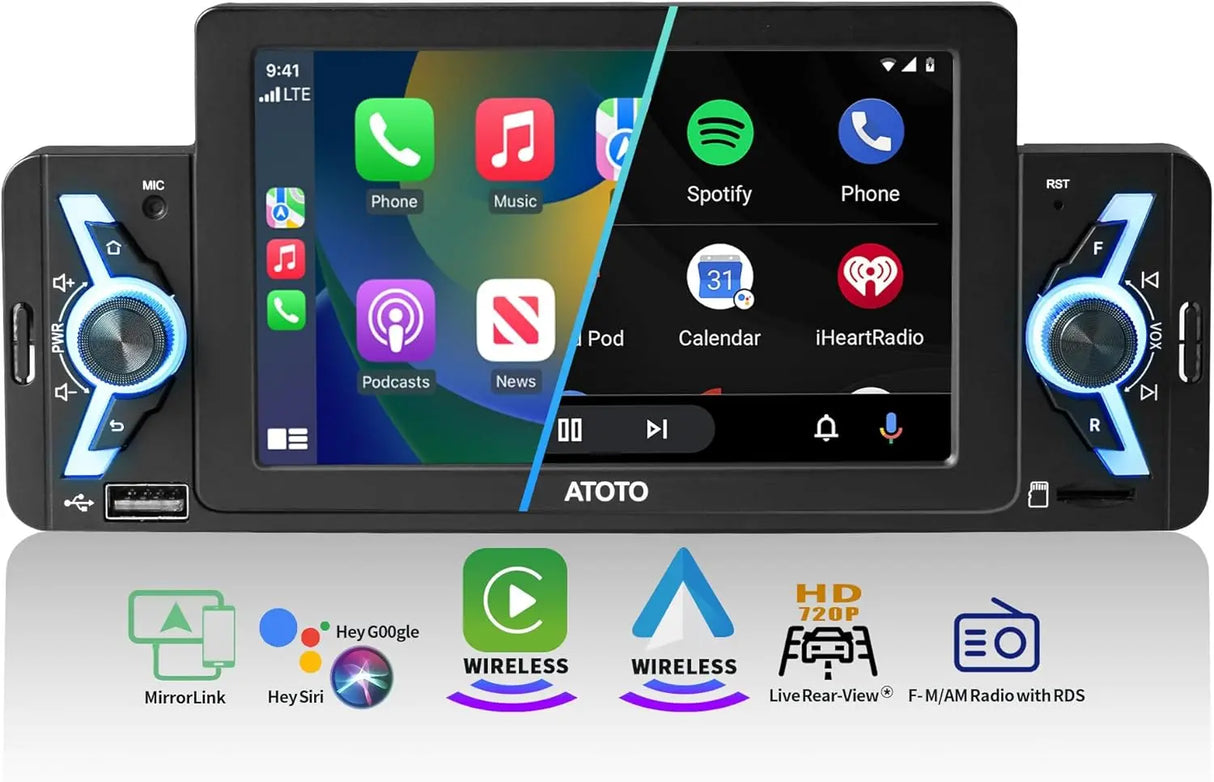 ATOTO F7G1A5WE 5" Single Din Car Stereo with Wireless CarPlay, Android Auto, Bluetooth, GPS Navigation, FM/AM Radio, WiFi, MirrorLink & Live Rear View