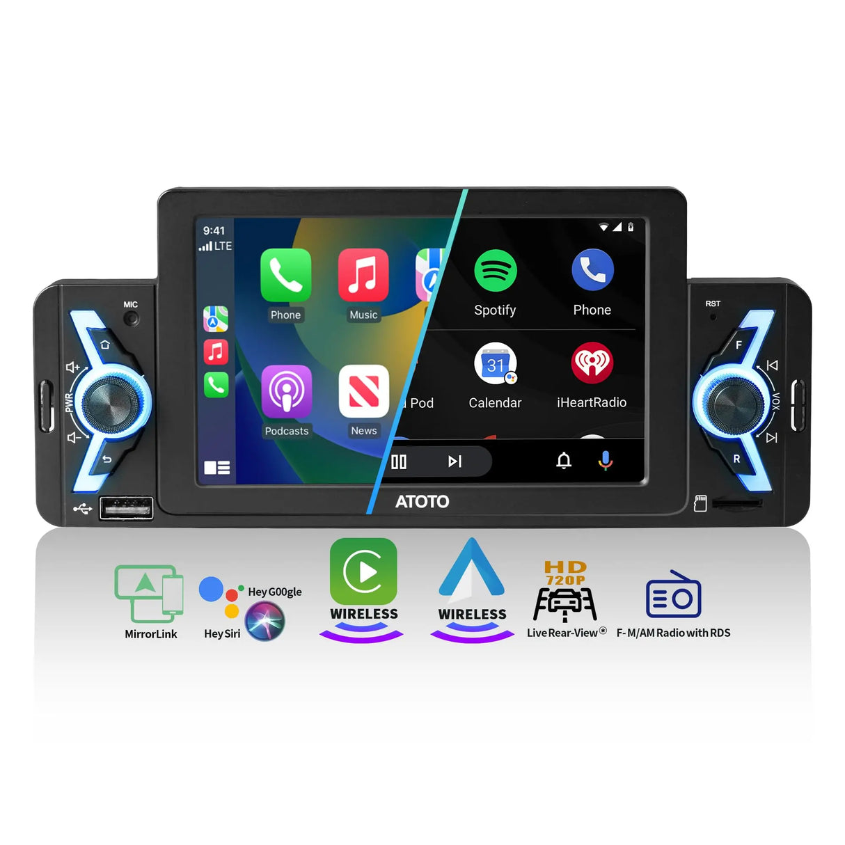 ATOTO F7G1A5WE 5" Single Din Car Stereo with Wireless CarPlay, Android Auto, Bluetooth, GPS Navigation, FM/AM Radio, WiFi, MirrorLink & Live Rear View