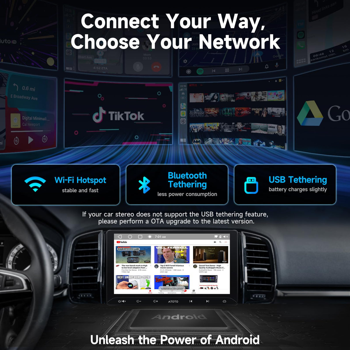 ATOTOZONE A5L 10.1inch Android Double DIN Car Stereo, Wireless CarPlay Android Auto, Digital Media Receivers, WiFi/BT Tethering, 48 Band EQ DSP, Bluetooth, MirrorLink, 2G+32G,FM/AUX