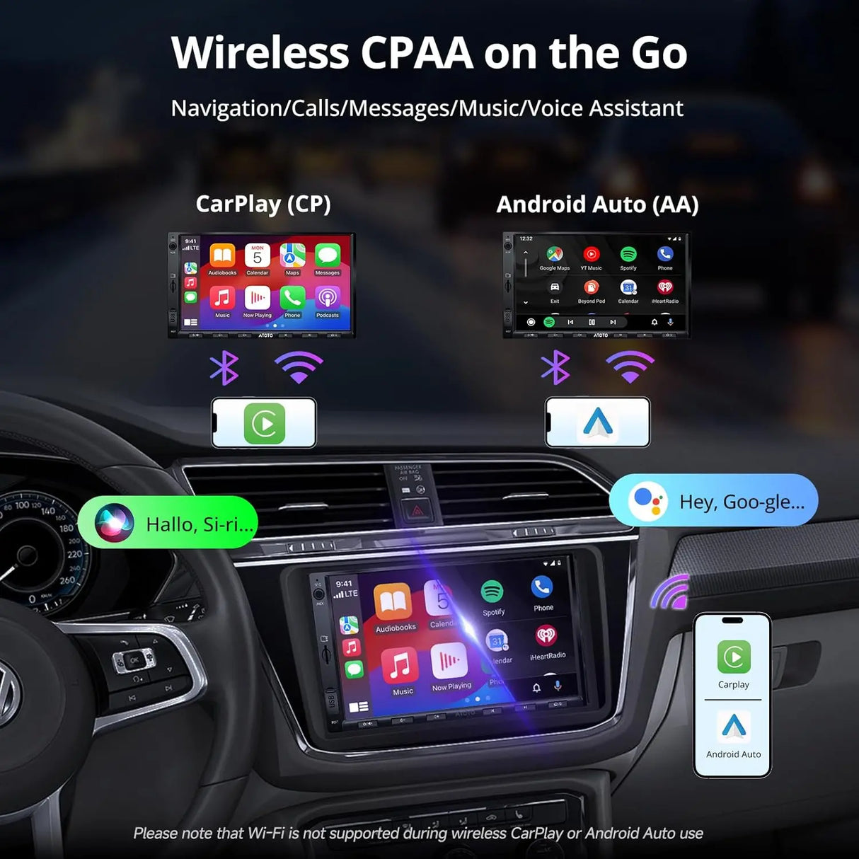ATOTO A5LVWA7T 7" Double Din Car Stereo Compatible for VW Jetta/Tiguan/Golf/Passat, Wireless CarPlay & Android Auto, Wi-Fi/BT Tethering, 24-Band EQ DSP, Bluetooth, Mirror Link, 2+32G, FM/AUX/TF Support