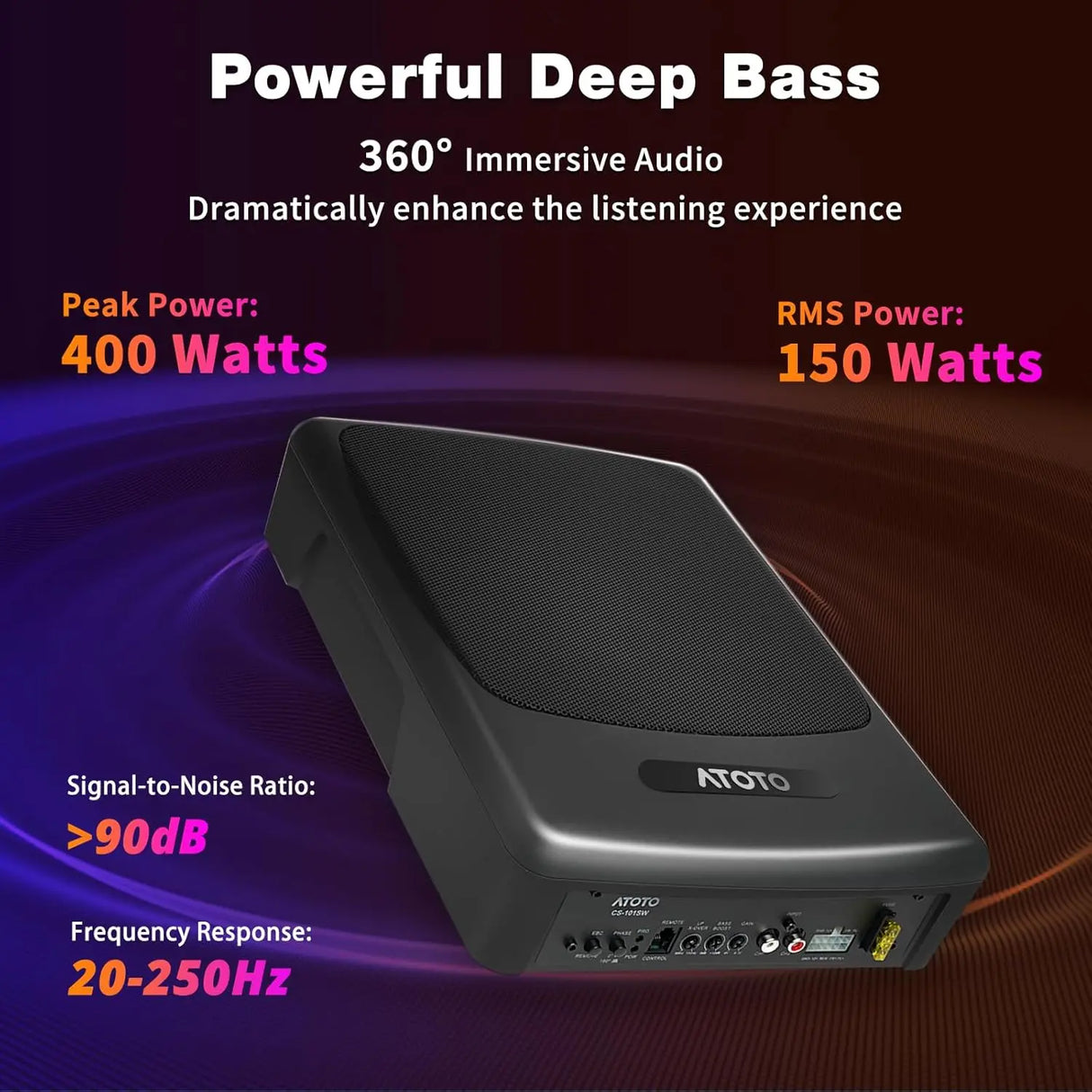 ATOTO 10 inch Under Seat Powered Car Subwoofer with Built-in Amp, Ultra Slim Active Amplified Subwoofer with Variable Bass Boost, 400W Max Power, Remote Sub Control