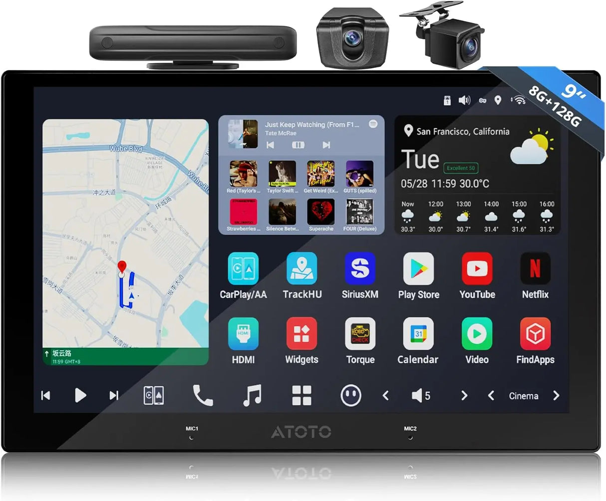 ATOTO X10G209E 9" Double Din Radio with 1080P Dual Dash Cam, Android 8+128G, Wireless CarPlay/Android Auto, HDMI-in & SPDIF Output, DSP, 4G/WiFi, GPS, AI Voice