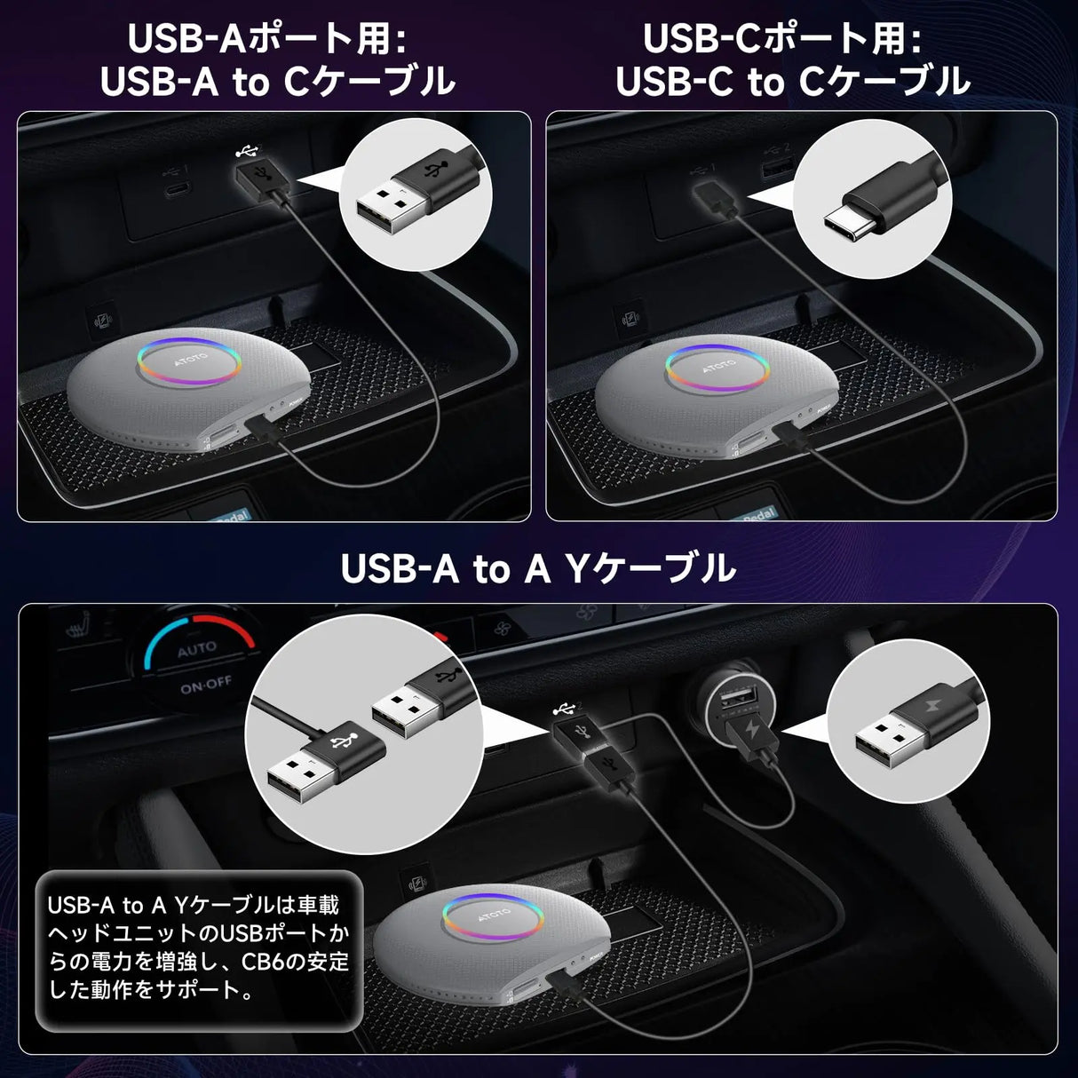 ATOTO CB6ワイヤレスアダプター：Bluetooth搭載、定額CarPlayを無線化、ワイヤレスAndroid Auto対応、GPトラッキング機能付きAIボイスドングル、4GB+64GB、銀色