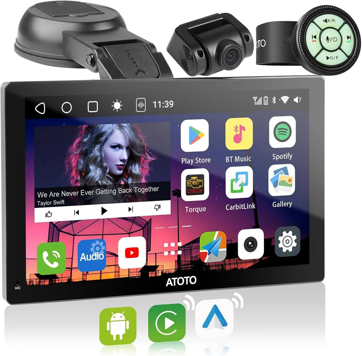 ATOTO 9" Portable Car Stereo with Front Dashcam, Wireless CarPlay & Android Auto, QLED Touchscreen, GPS Navigation, 4G LTE, Wi-Fi, ChatGPT, 4+32G