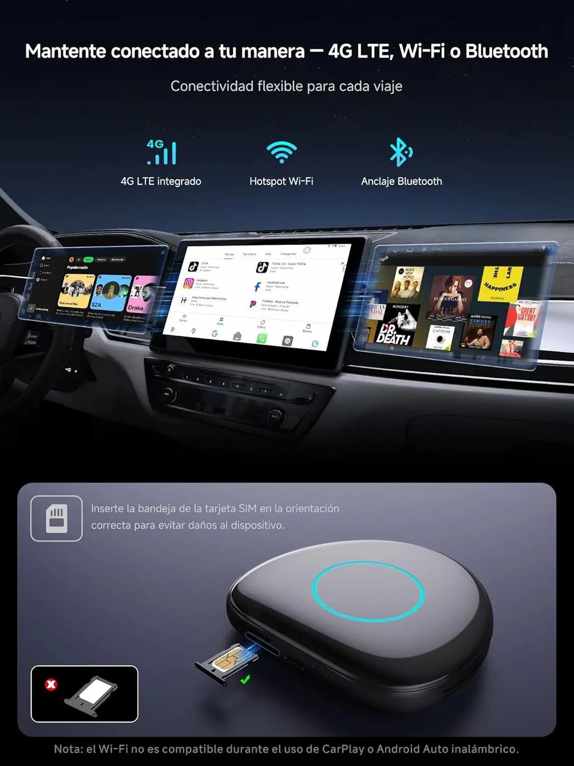 ATOTO CB6 Adaptateur CarPlay Sans Fil – Boîtier CarPlay IA, 8 Go+128 Go Boîtier Streaming pour Voiture avec 4G, Double Bluetooth, USB, GPS Intégré, Assistant IA, Extension microSD, OTA