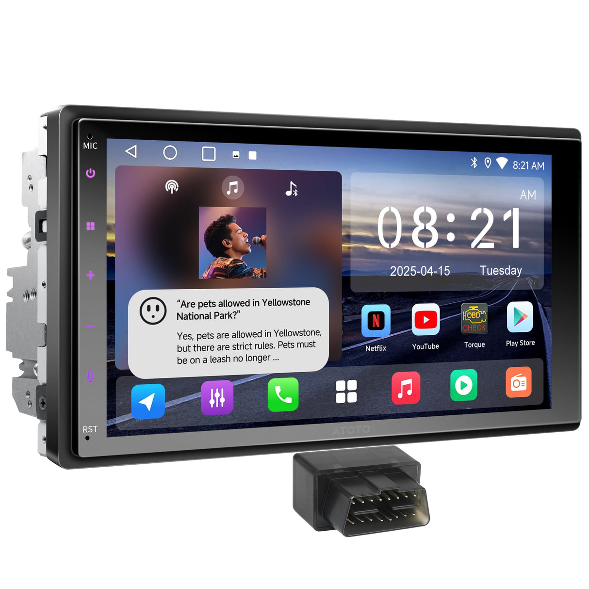 ATOTO A5LG2B7T 7" Android Radio Coche 2 DIN con CarPlay & Android Auto Inalámbrico, Escáner OBD2 Bluetooth, Pantalla Táctil, GPS Navegación, Wi-Fi/USB/FM/AM/RDS, DSP/LRV