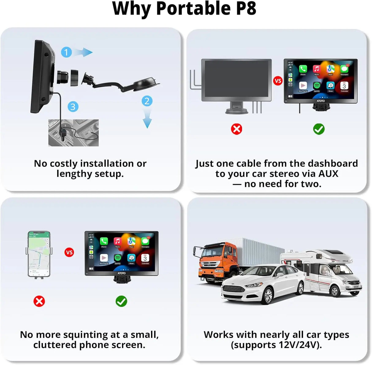 ATOTO P8 Portable Car Stereo, Wireless CarPlay & Wireless Android Auto, 7inch QLED Glare-Suppressing Touchscreen, WDR&Auto Dimmer, Bluetooth, Remote Control, AUX/FM Output, P807SD-RM