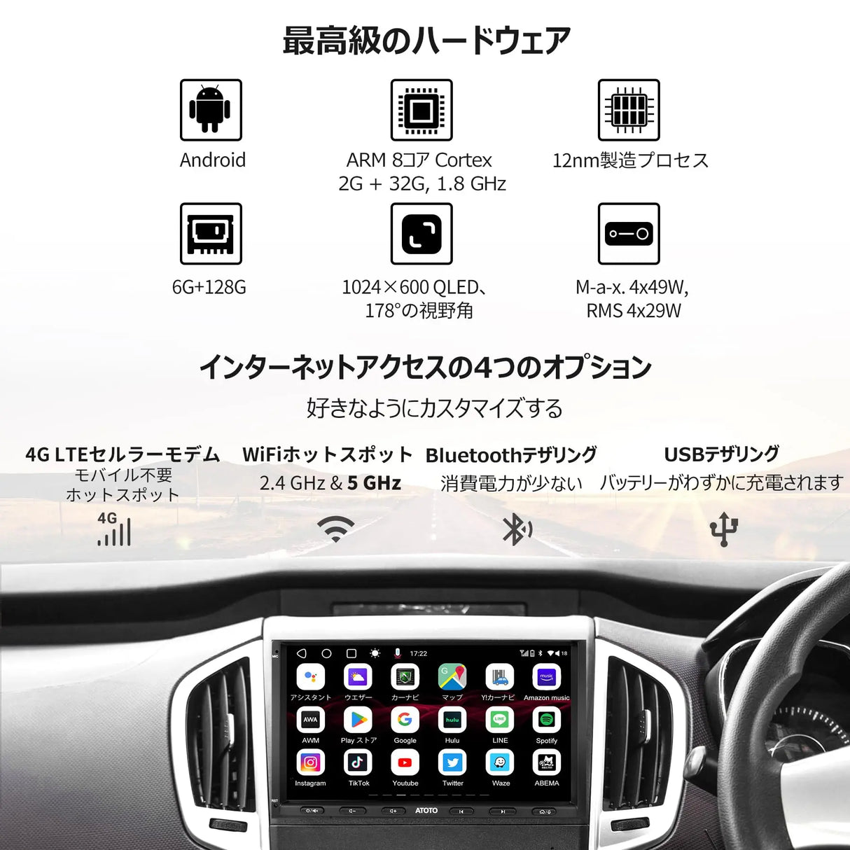 ATOTO S8G2A79UN 2024 新型 2DIN ディスプレイオーディオ 7インチQLED  Androidカーナビ、8コア/6GB+128GB、ワイヤレスCarPlay&Android  Auto、4G/WiFi対応、AI音声アシスタント、GPSトラッキング、ジェスチャー認識、aptX ...