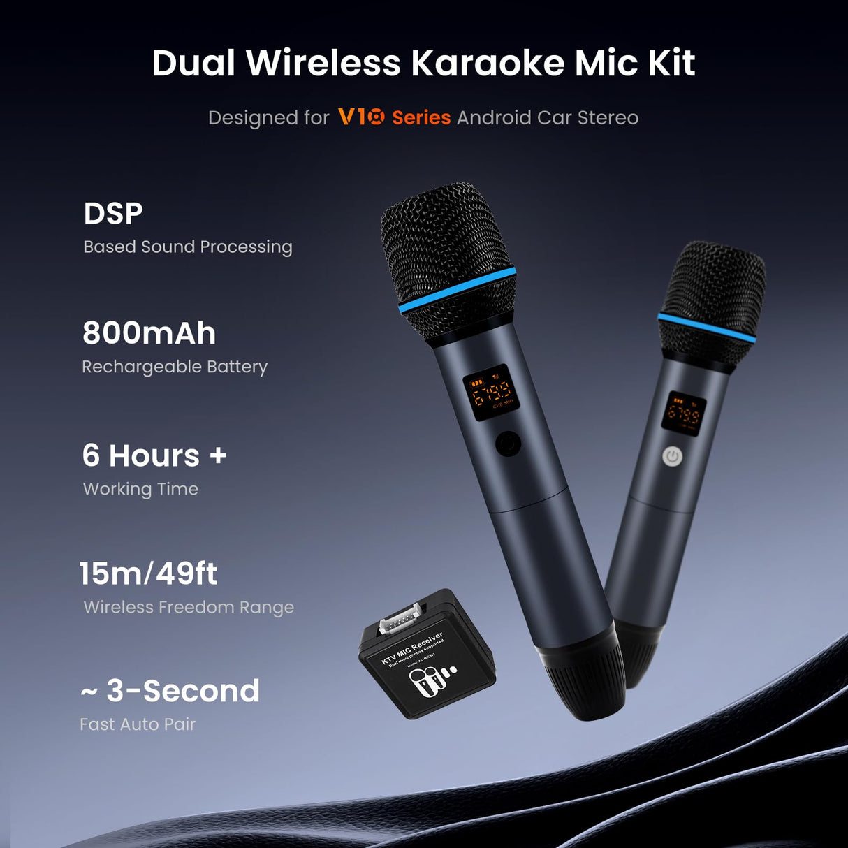 ATOTO AC-MICW2 Wireless Karaoke Microphone Kit – Dual Handheld Rechargeable Mics with Receiver, Low Latency, 49ft Range, 6H Playtime, Compatible with V10 Car Stereo