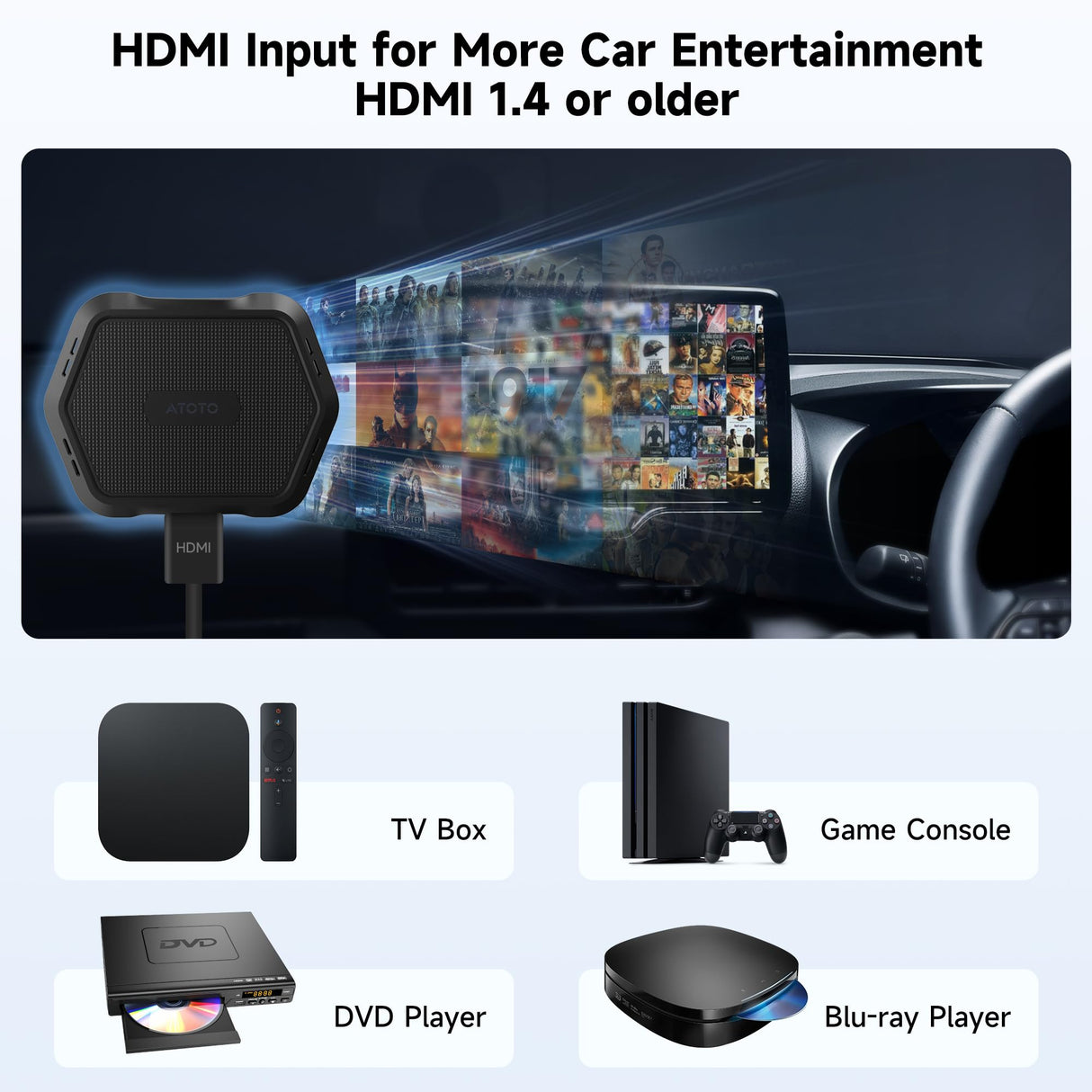 ATOTO AD1 ワイヤレスCarPlayボックスアダプター HDMI入力対応 2in1ドングル 有線CarPlay対応 プラグ＆プレイ マルチメディアハブ TV/ゲーム機/DVD/ブルーレイ Bluetooth 5.2 OTA ブラック