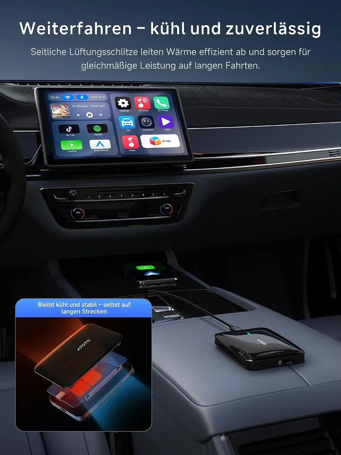 ATOTO CB4B Wireless CarPlay Adapter mit Android AI Box | Kabelloses CarPlay & Android Auto, KI-DriveChat, Netflix & YouTube, Dual-WLAN/Bluetooth, 4GB+32GB