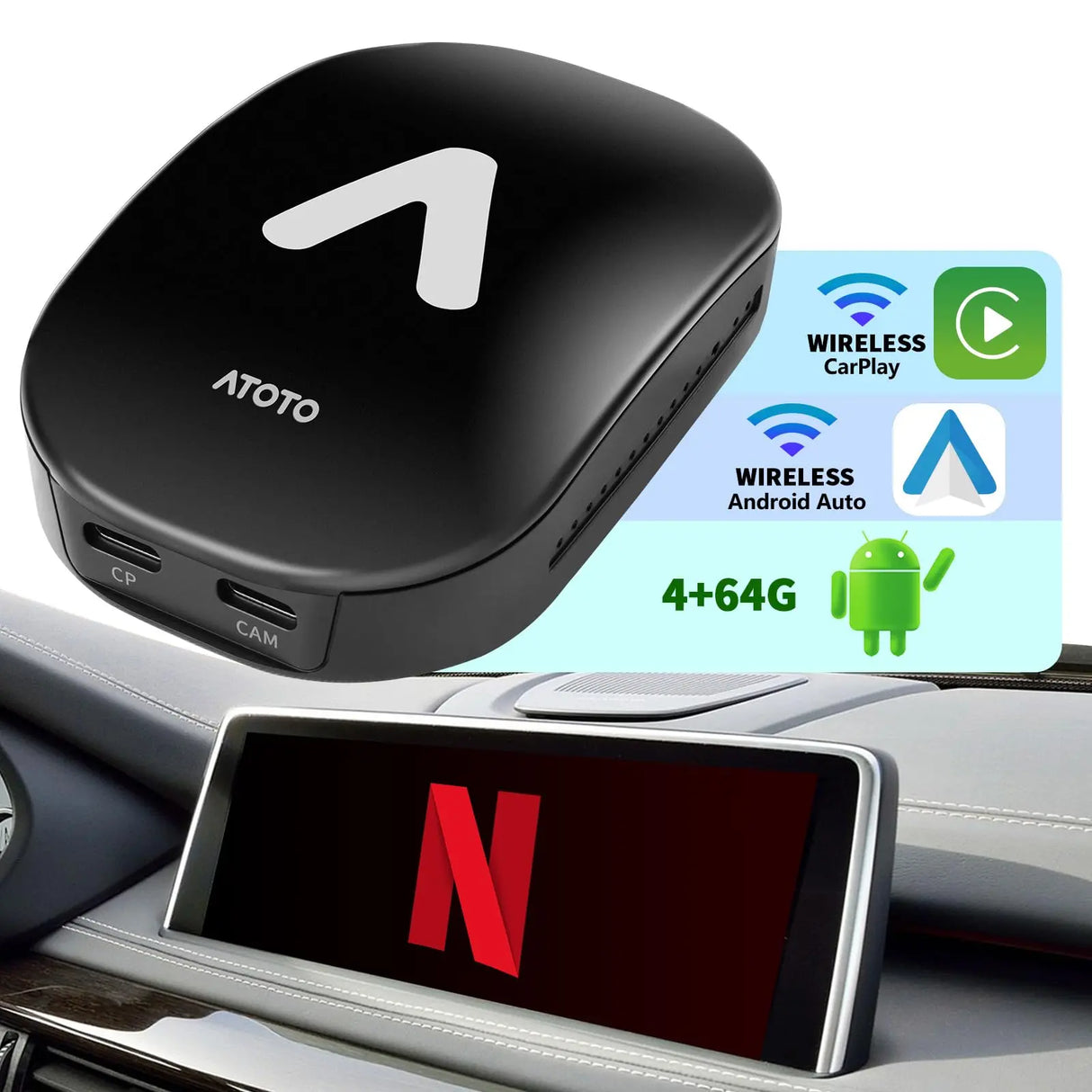 ATOTO AD6 Wired to Wireless CarPlay/Android Auto Adapter with AI Voice, OBD Support, GPS Tracking, 4GB+64GB Storage, Bluetooth
