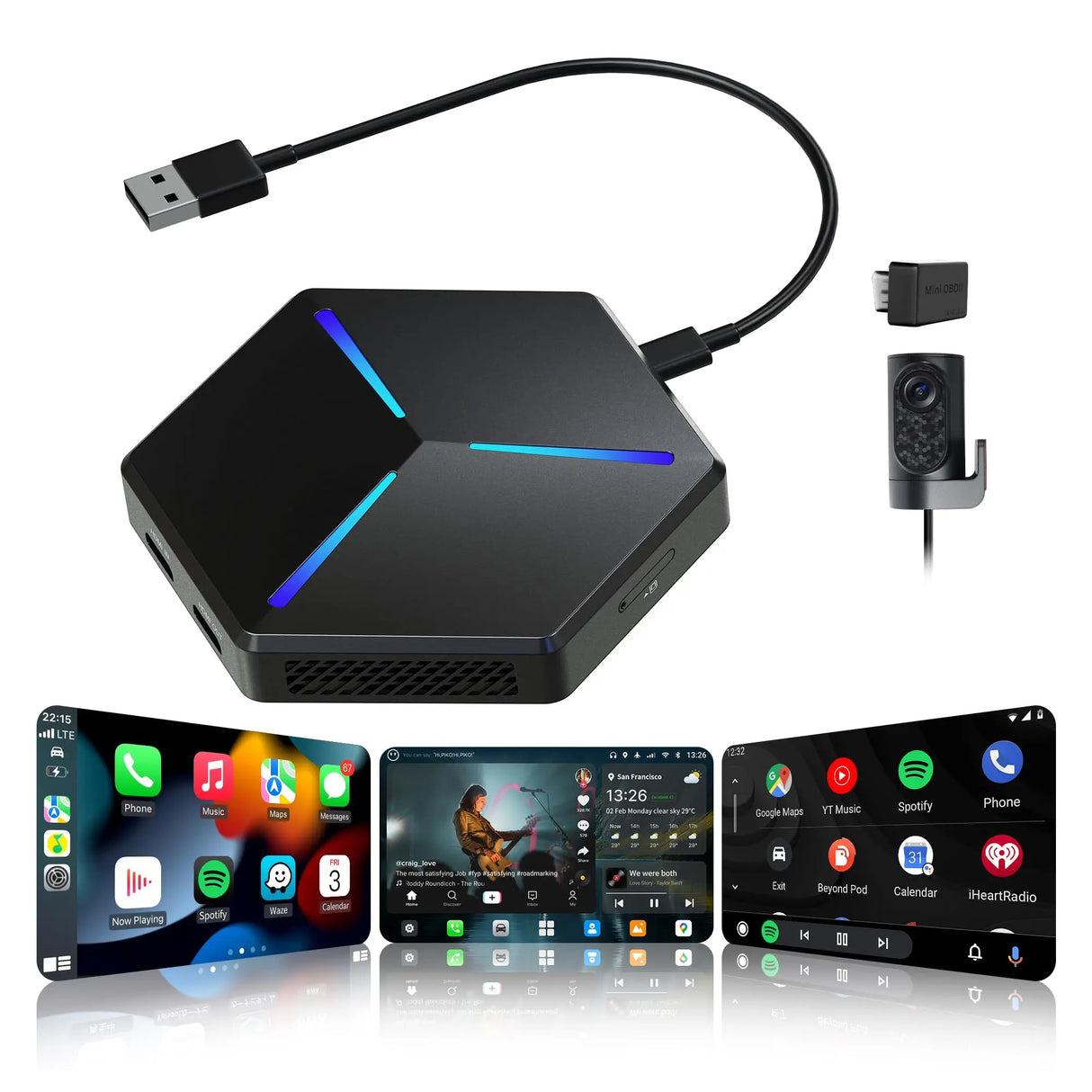 ATOTO CB7PQ CarPlay AI Box con Dash Cam DVR e Diagnostica OBD2, Sistema Android Completo, CarPlay e Android Auto Wireless, DriveChat AI, Tracciamento GPS, HDMI, OTA, 4GB+64GB