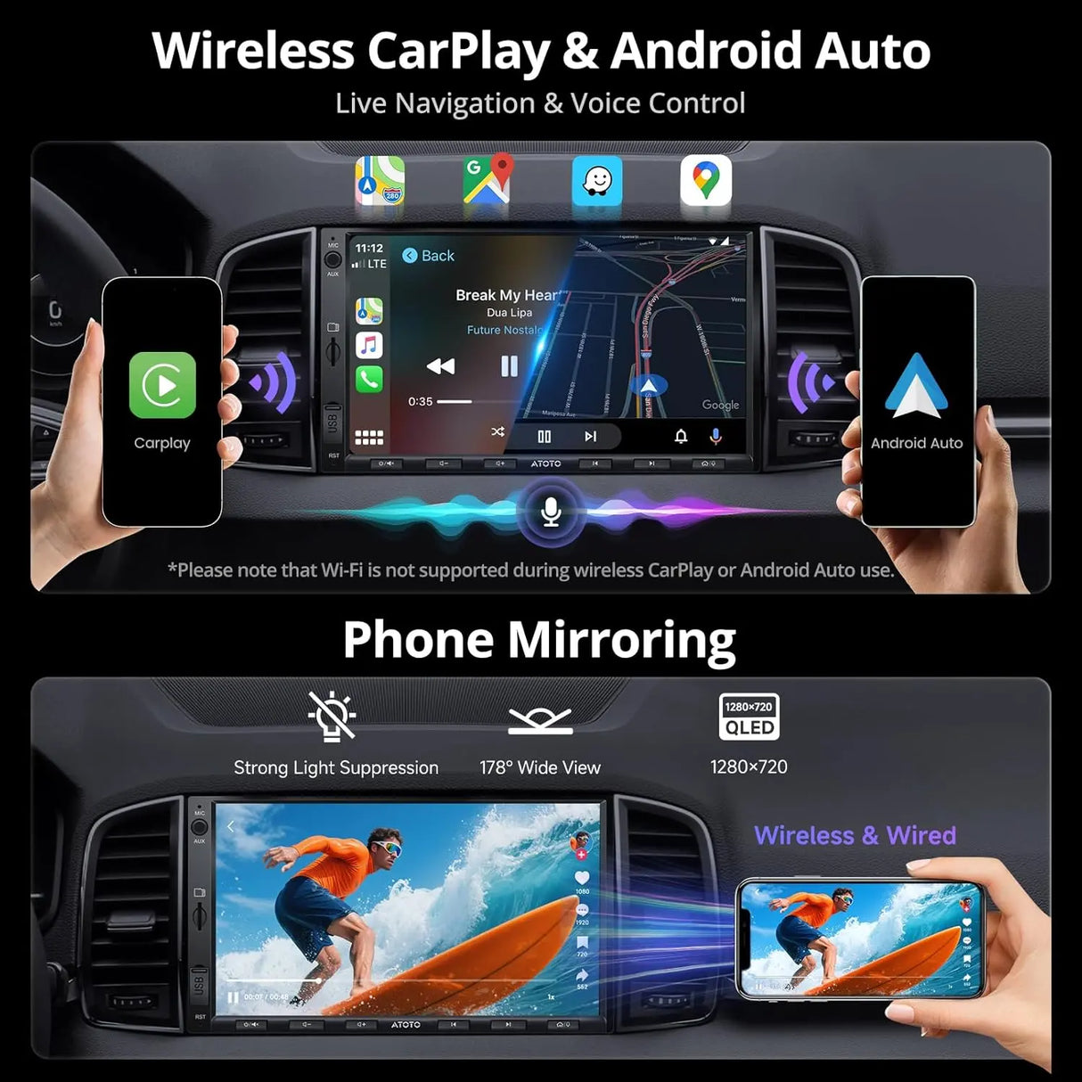 ATOTO A5LG2A7T 7" Double Din Car Stereo, Android, Wireless CarPlay & Android Auto, Bluetooth, GPS Tracking, 2G+32G, Wi-Fi/BT/USB Tethering, 24-Band EQ, FM/AM, TF Card