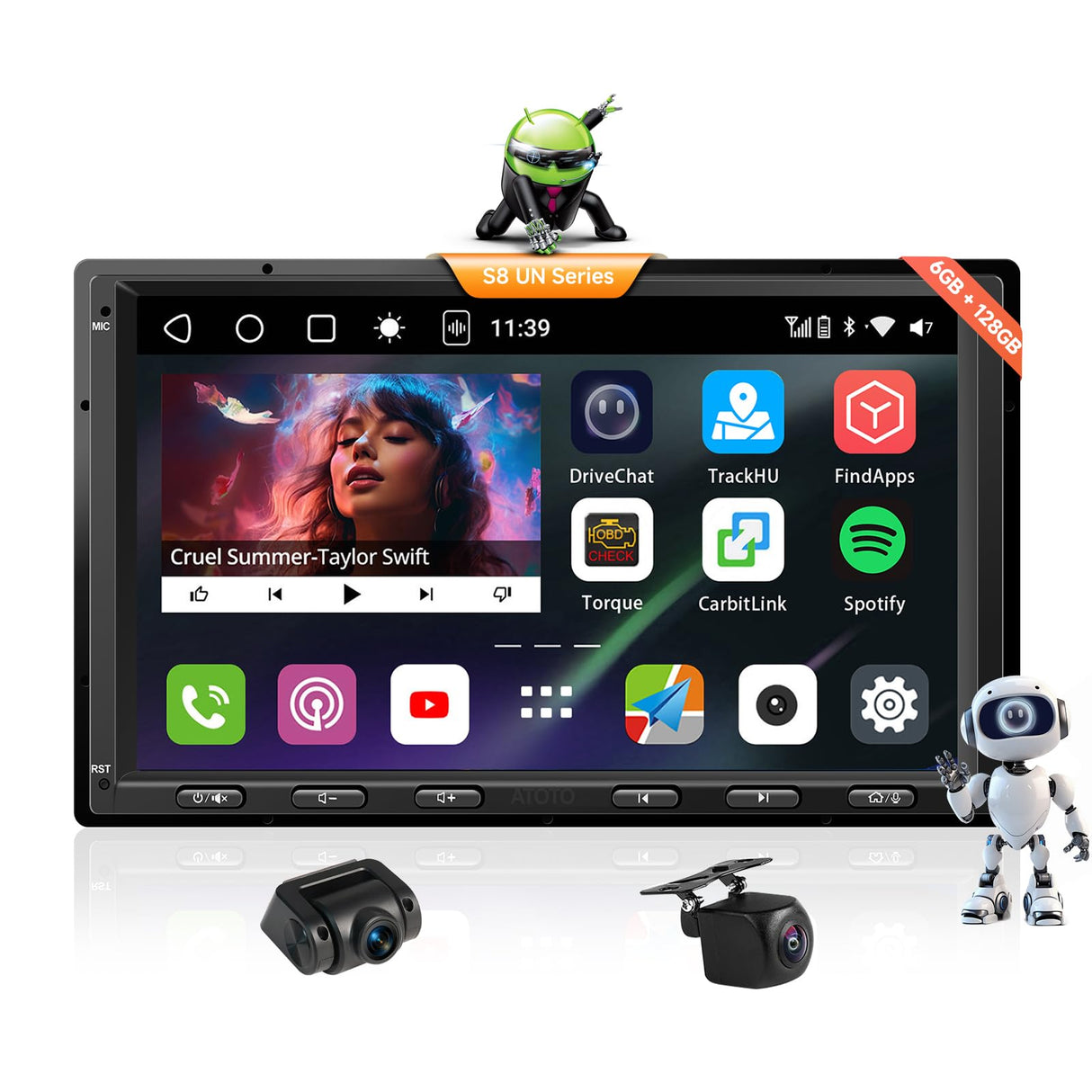 ATOTO S8G2A79UN 7" Double Din Android autoradio con Camere Anteriori e Posteriori 1080P, CarPlay/Android Auto Senza Fili, Touchscreen QLED, 4G, Wi-Fi, Bluetooth, USB, DSP, AMP, SUB, GPS & AI