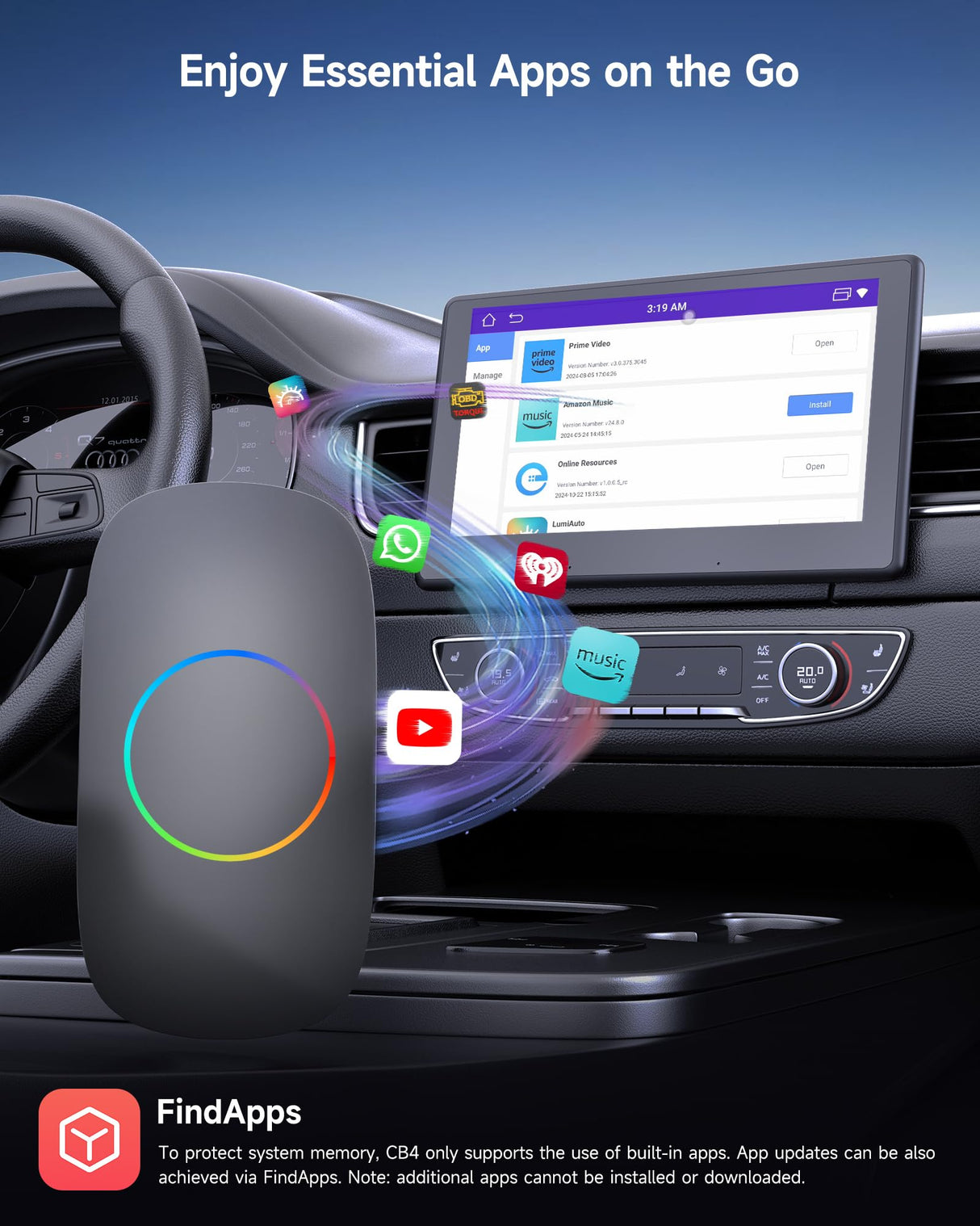 ATOTO CB4CT Android Box【AI Box ワイヤレスアダプター】CarPlay・Android Auto対応 2GB+16GB 動画配信対応（YouTube/Hulu/Spotify） 車載マルチメディアボックス デュアルWi-Fi・デュアルBluetooth AIアシスタント HDMI出力 USB対応 プラグ＆プレイ OTAアップデート OBD II搭載 モデル