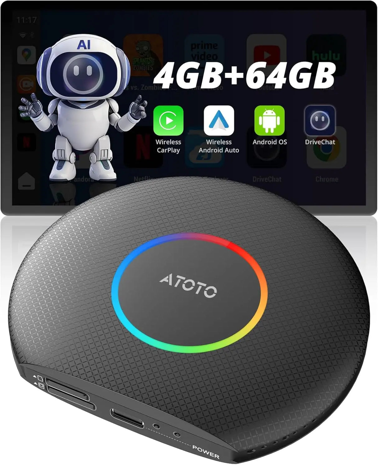 ATOTOZONE CB6 CarPlay AI ボックス CarPlay Cablato に適合、ワイヤレス/Android Auto、ドングル Vocale AI インテリジェント con GPS トラッキング、Bluetooth、4GB + 64GB、互換性のある Molte APP