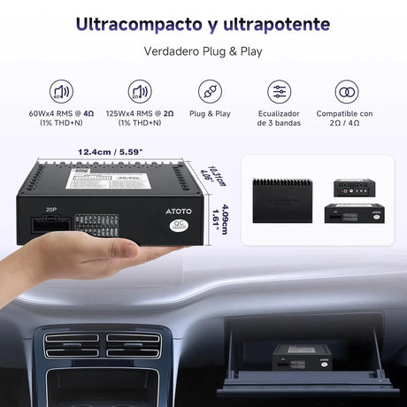 ATOTO CA-AEC122DL Amplificador de Auto Compacto 4x60W RMS, 4 Canales, Clase D TI TPA3221, EQ Personalizable, Cable de Alimentación 2m, Compatible con Estéreos ATOTO