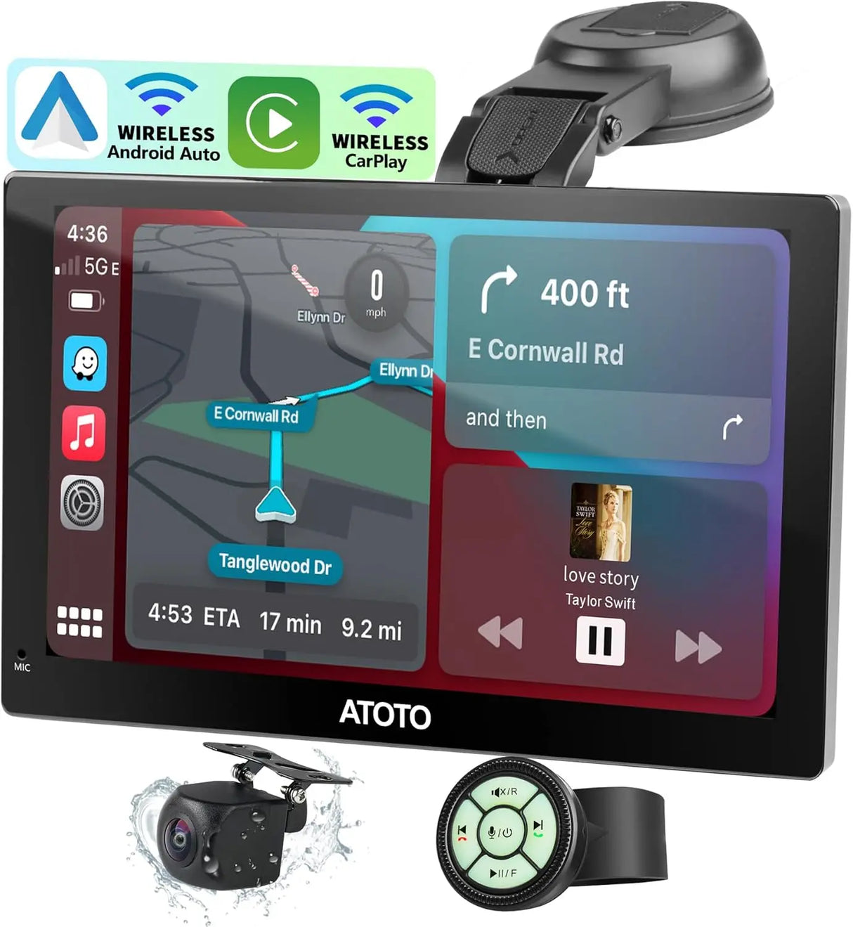 ATOTO P509SD 9″ QLED Portable CarPlay Screen with 1080P Backup Camera & Remote Control, Wireless CarPlay & Android Auto, GPS Navigation, MirrorLink & AUX/FM Output
