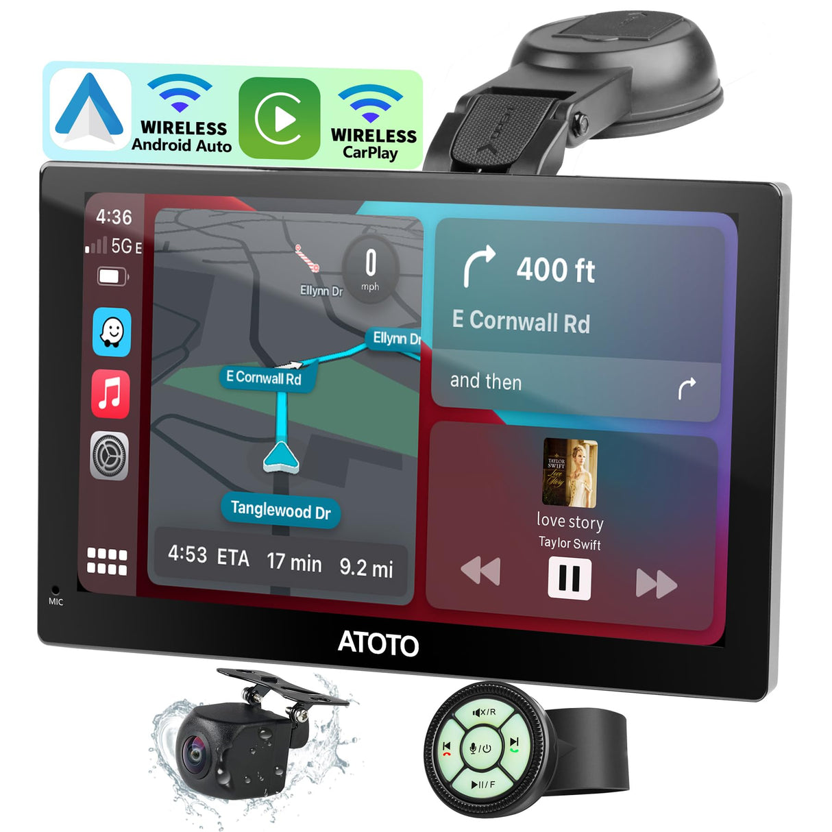 ATOTOEXCEL P5 Autoradio Portatile con CarPlay Senza Fili, Android Auto Senza Fili, 9 Pollici 1028x720 QLED Touchscreen Schermo Per Auto, con telecamera posteriore da 1080P, Mirror Link/FM/AUX