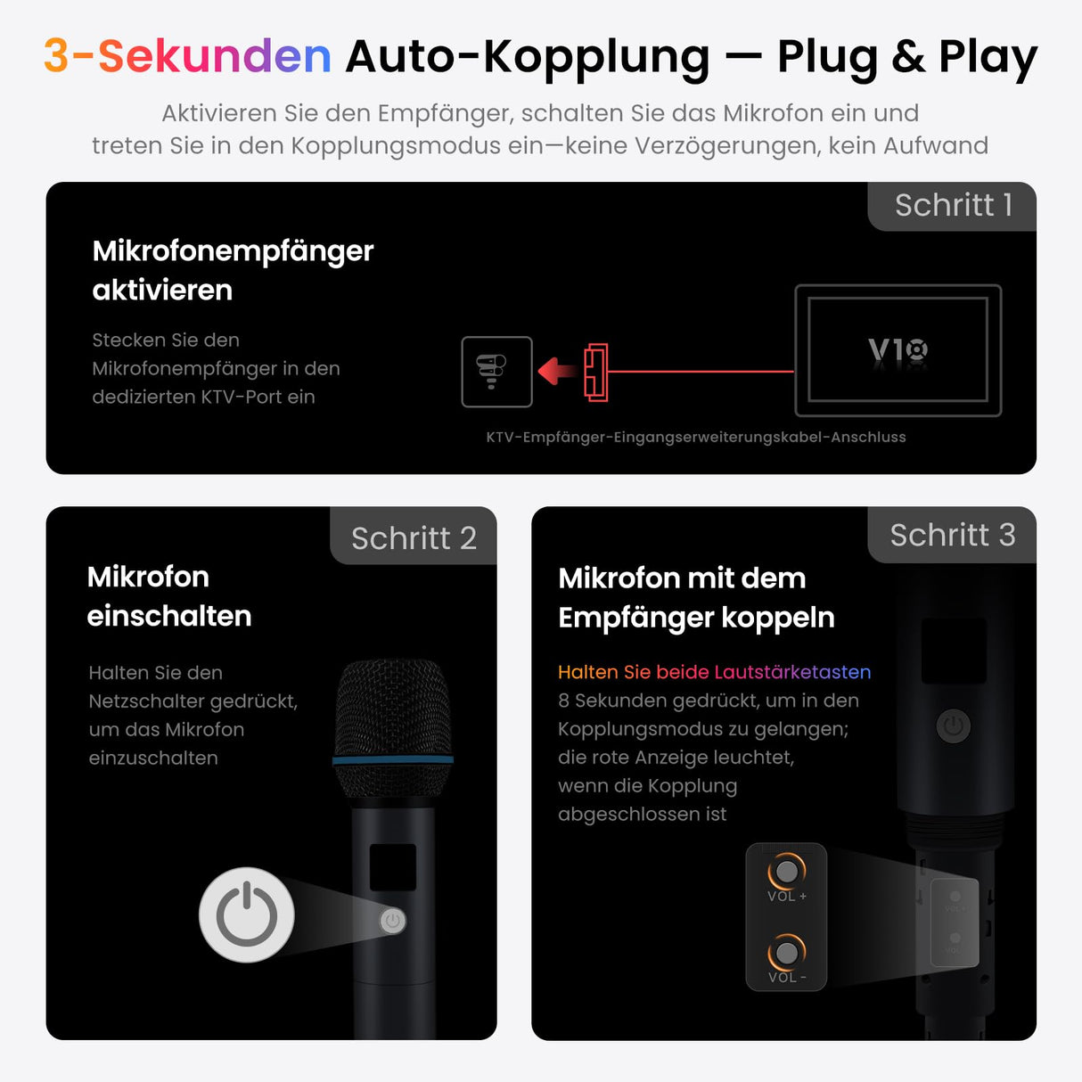 ATOTOEXCEL Drahtloses Mikrofon-Set, Zwei wiederaufladbare Handmikrofone mit Empfänger, 15m Reichweite, 6h Betrieb, Kompatibel mit V10-Serie Autoradios für Karaoke-Partys