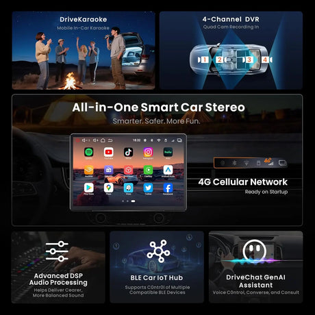ATOTOEXCEL V10 14.1inch QLED Android Double Din Car Stereo, 6G+128G, 4G LTE, in‑Car Karaoke, Pro DSP w/4V Pre-Outs, 4 Channel Dash Cam Recording, aptXHD BT5.4, HDMI Out, Wireless CarPlay&Android Auto