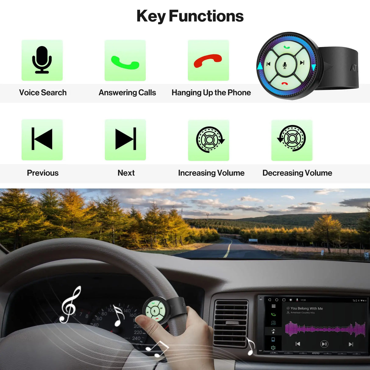 ATOTO AC-44F8 Wireless Steering Wheel Remote - Luminous Button, Key Mapping, Universal Fit for Car Stereos, Watchband Style
