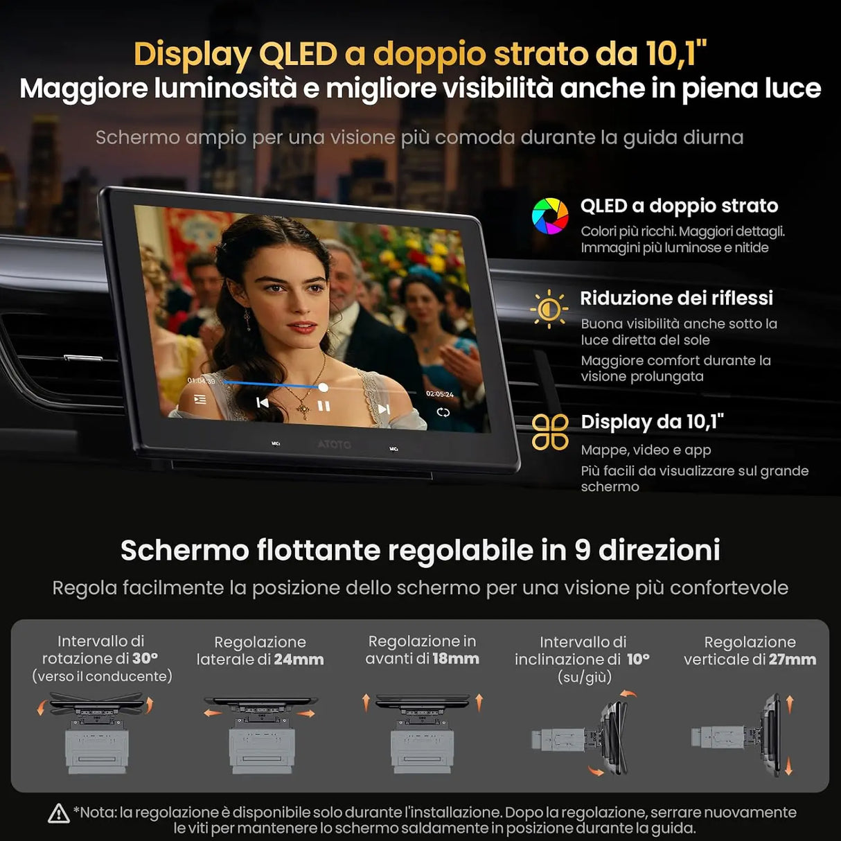 ATOTOEXCEL V10 10.1" 2din e Adattivo 1din Autoradio Android,6G+128G, 4G LTE/Wi-Fi,Karaoke in auto,DVR 4 canali, CarPlay e Android Auto Senza fili,DSP 32B-EQ,BT 5.4, Assistente IA,Tracciamento GPS