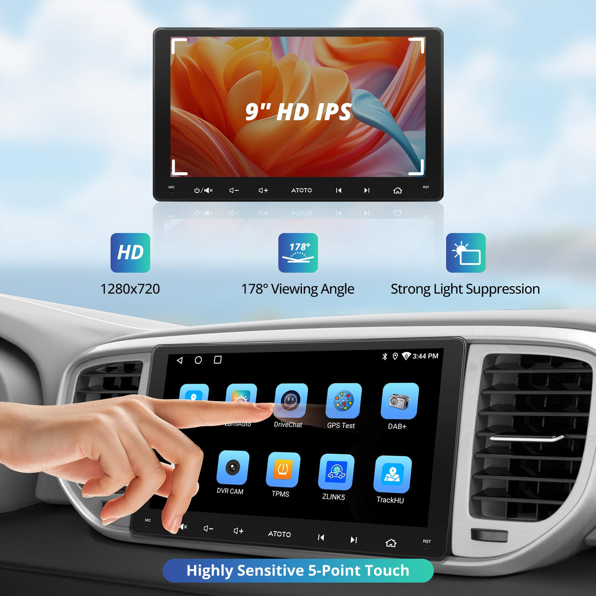 ATOTO A5LG209T 9" Android Double Din Car Stereo, Wireless Android Auto CarPlay Head Unit with WiFi BT USB, in-Dash GPS Navigation System, 1280 * 720P Touchscreen, AM/FM, 2+32G