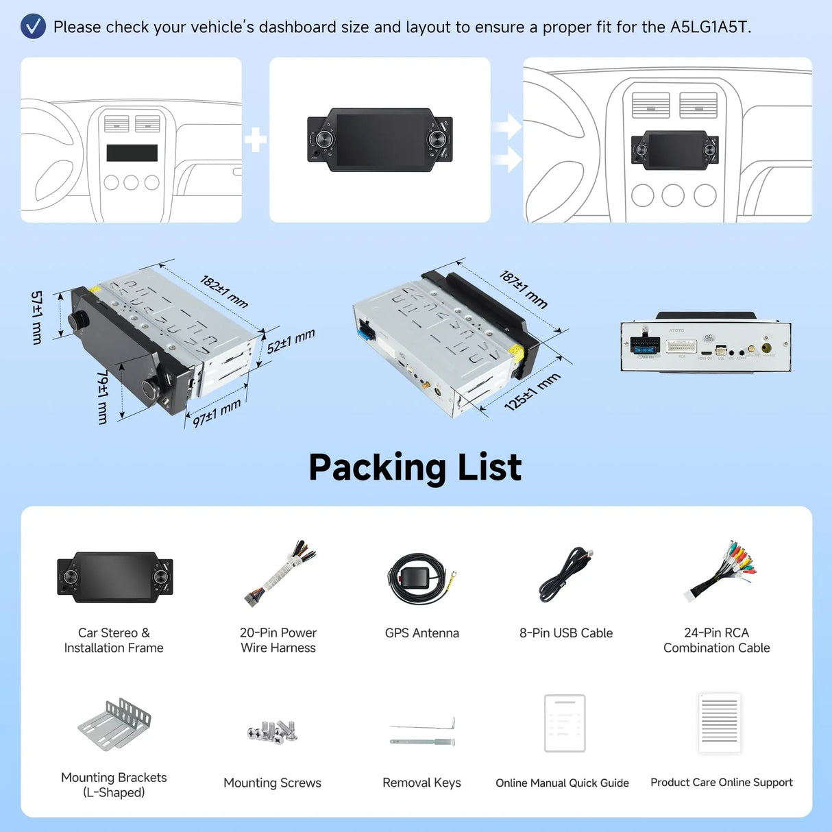 ATOTO A5LG1A5T 5" Single Din Head Unit with Wireless CarPlay & Android Auto, Android Car Stereo with WiFi/BT, USB QC 2.0 Fast Charging, GPS, AUX, SD Slot, LRV & SWC