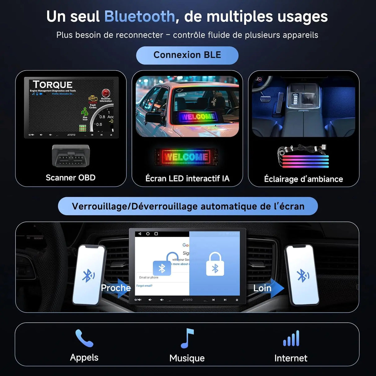 ATOTOZONE A5L 10 Pouces IPS Android Autoradio Adaptatif 2 DIN et 1 DIN, CarPlay et Android Auto sans Fil, Écran à Affichage Flottant, Partage de Connexion Via WiFi/BT/USB, DSP/FM/RDS