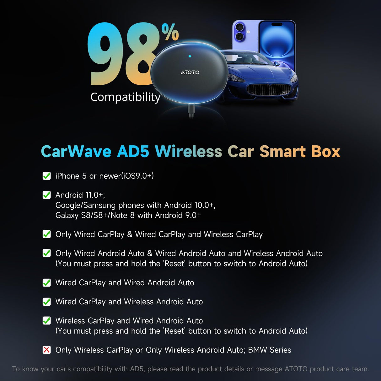 ATOTO AD5 Wireless CarPlay Adapter – Smart AI Magic Video Box with Built-in Android Multimedia System, Enjoy Video & Music Apps, Navigation & Voice Control, Plug & Play for Factory Wired CarPlay Cars