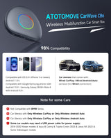 ATOTO CarWave CB6C Wireless CarPlay Adapter Android AI Box, 4G LTE Car Video Streaming Box for iPhone & Android Auto, Plug & Play, ChatGPT, YouTube, Netflix, TikTok, 4G+64G