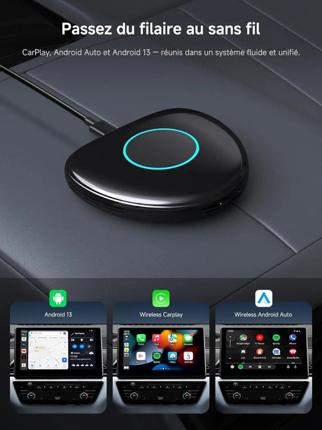 ATOTO CB6C Adaptateur CarPlay sans fil Android 13, Boîtier AI Plug & Play avec GPS, IA DriveChat, 4G LTE, 4GB+64GB, Noir