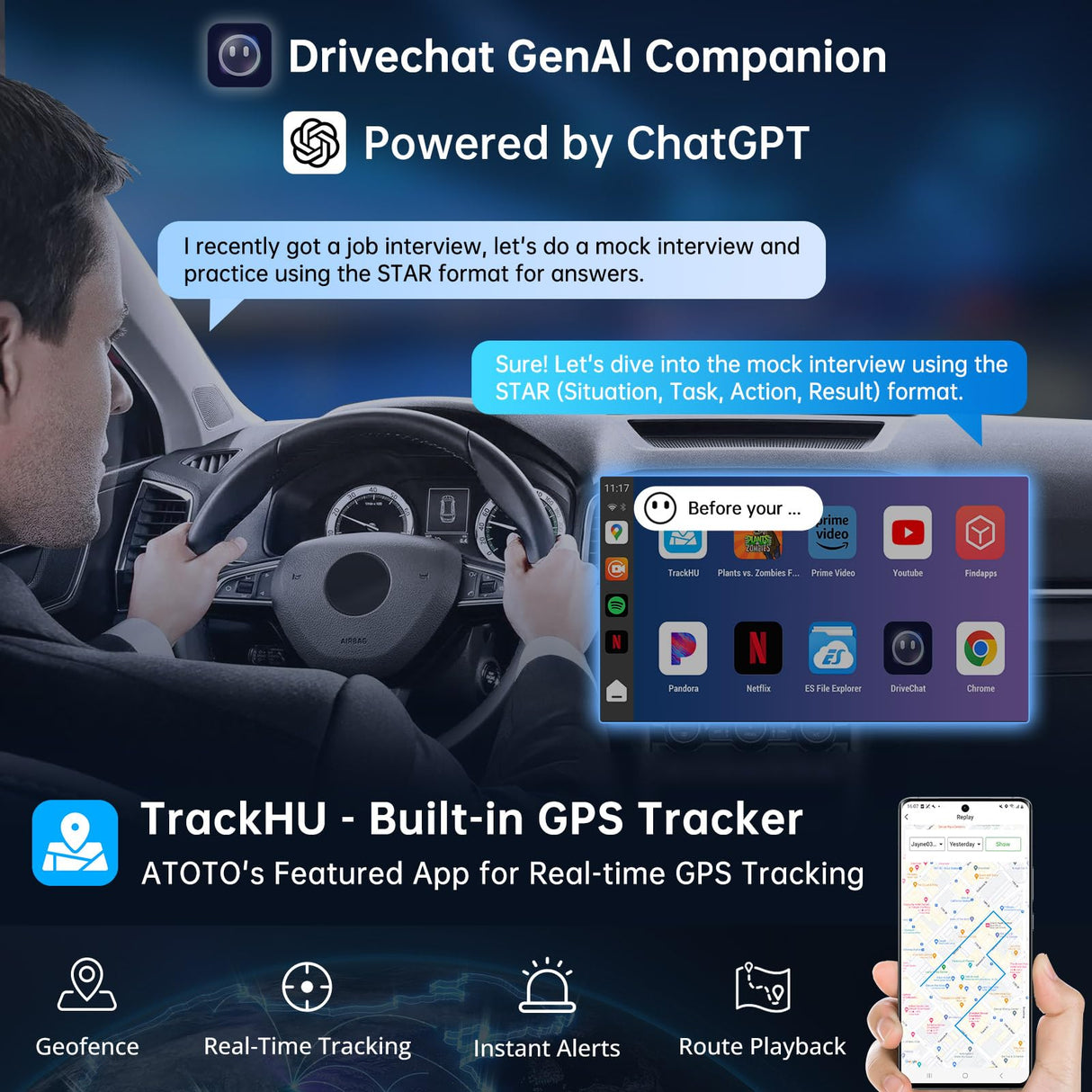 ATOTO Wireless CarPlay Adapter with OBD2 Diagnostics,Supports CarPlay/Android Auto,4GB RAM 64GB Storage, Built-in 4G LTE, Preloaded DriveChat & FindApps,Plug-and-Play Car AI Box (CB6A-N-BK2-S01)