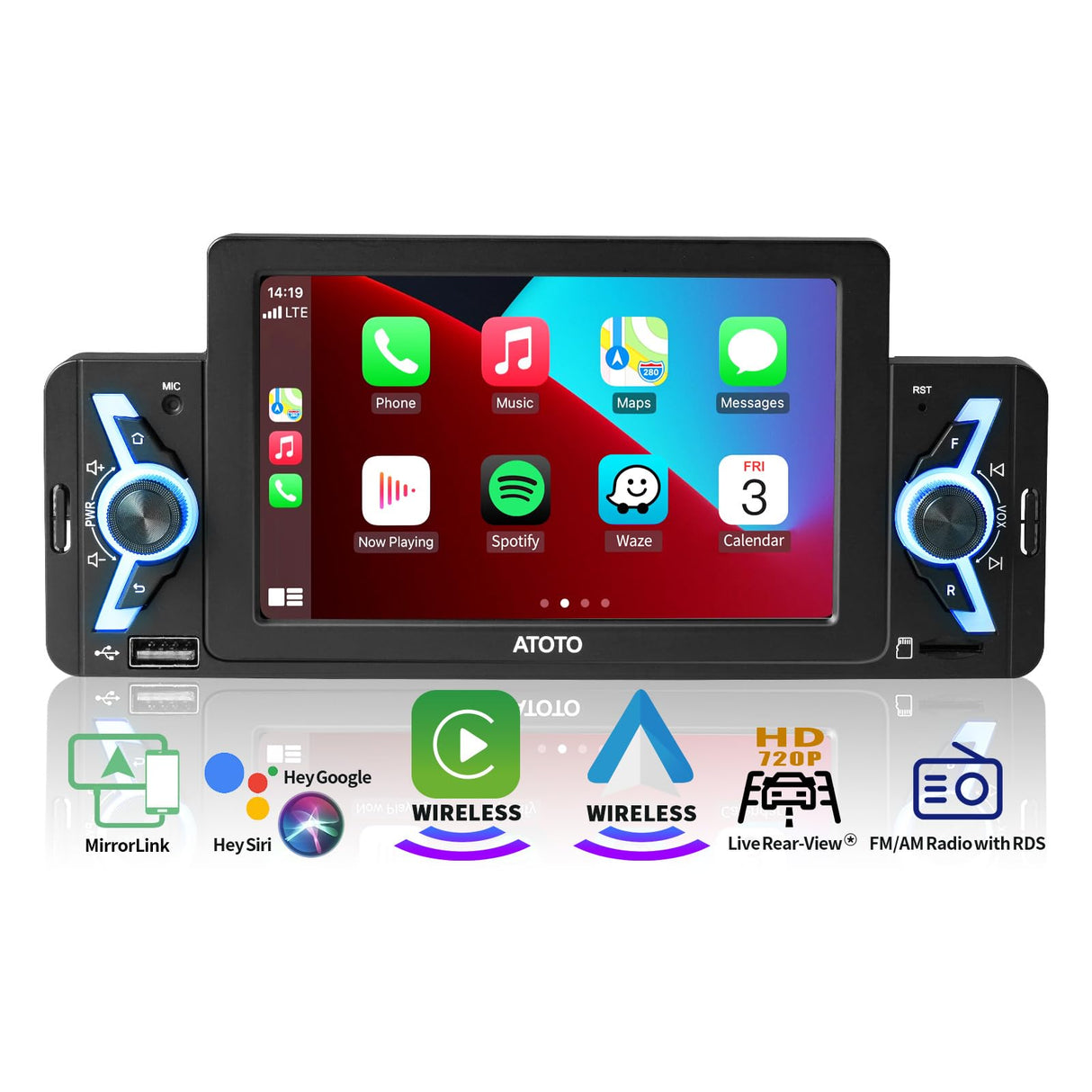 ATOTO F7WE 5 Zoll Autoradio 1din, Wireless CarPlay & kabelloses Android Auto, MirrorLink, Autoradio Bluetooth 5.3 mit Touchscreen, FM/AM/RDS, Sprachsteuerung, Live-Rückansicht, F7G1A5WE
