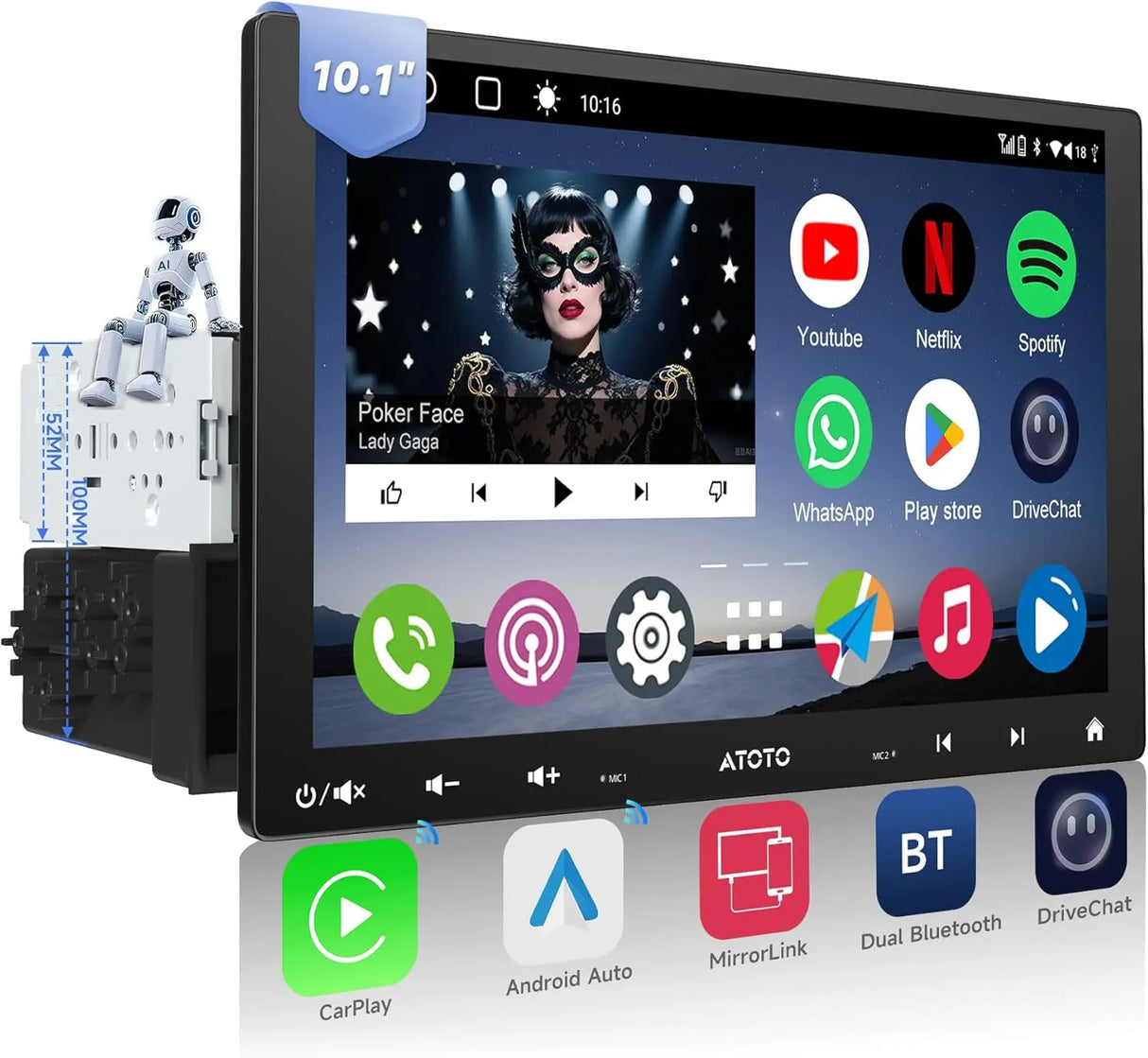 ATOTO A6G110PF 10.1" Bluetooth Radio for Car, 8-Core Android Single & Double Car Stereo, Wireless CarPlay & Android Auto, Floating QLED Touchscreen, 2+32G, ChatGPT, GPS Tracker, HD LRV, WiFi/BT/USB, Dual Bluetooth