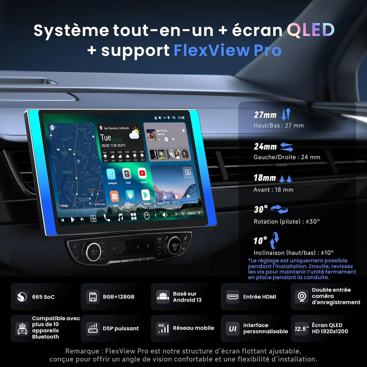 ATOTO X10G125E-R3 12,5" QLED Autoradio Android 1DIN/2DIN avec 2 Caméras Dashcam, GPS Intégré, Écran Flexview, 8+128G, Audio 7.1.2CH, 4G LTE, CarPlay & Android Auto sans Fil