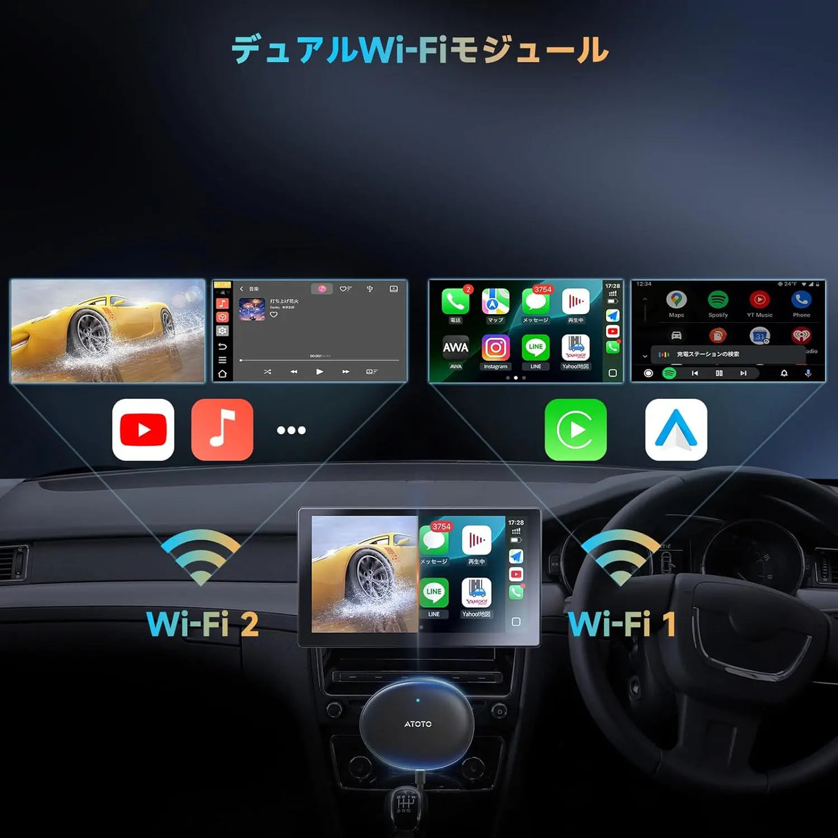 ATOTO CB6ワイヤレスワイヤレス：無制限CarPlayをワイヤレスCarPlayおよびワイヤレスAndroid Autoに変換、AIボイスドングル、GPSトラッキング、8GB+128GB対応、互換アプリ、銀