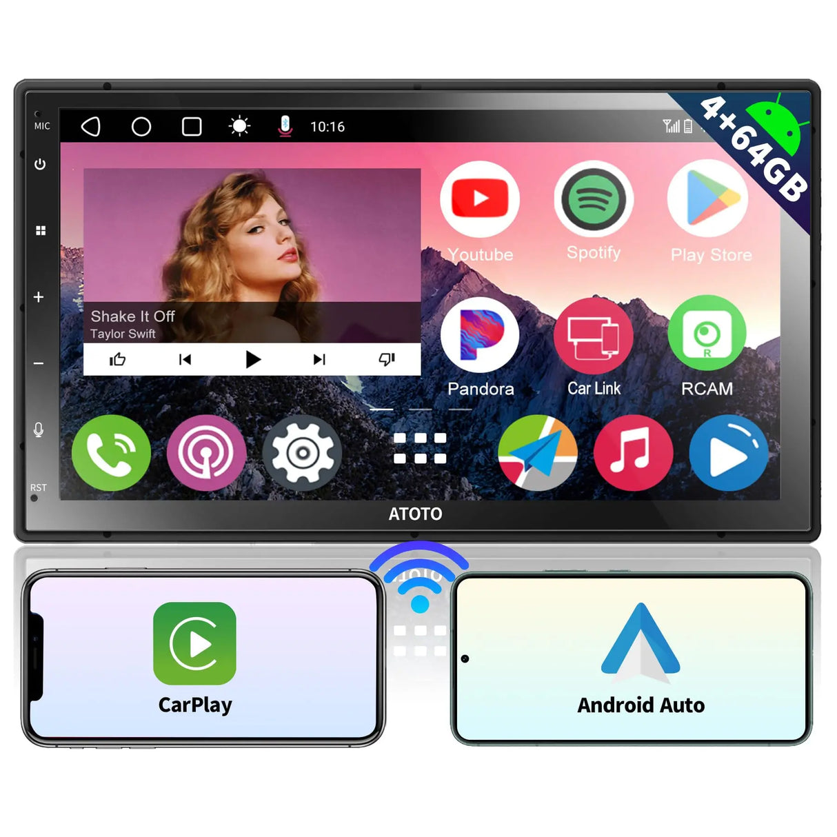 ATOTO A6G2C7PP 7" Double Din Android Car Stereo, Touchscreen, Wireless CarPlay & Wireless Android Auto, Dual Bluetooth, MirrorLink, GPS Tracking, WiFi/BT/USB Tethering, 4G+64G