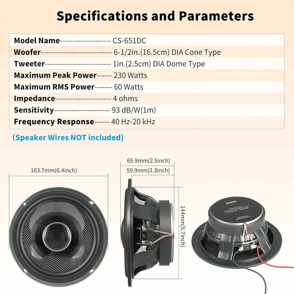 ATOTO CS-651DC 6.5" 2-Way Car Speakers - 230W Max (60W RMS), 4 Ohm, 16.5cm Woofer + 2.5cm Tweeter, Pair