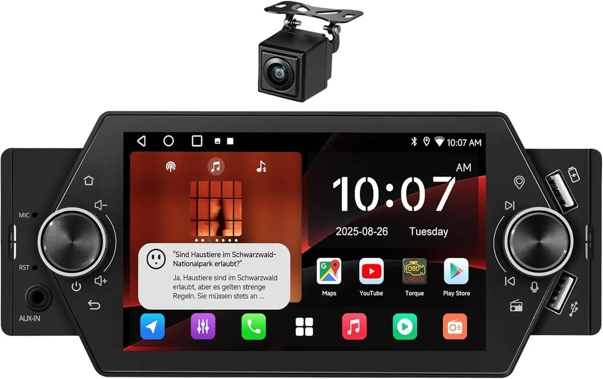 ATOTO A5LG1A5T 5" Android 1 Din Autoradio mit Rückfahrkamera, Kabelloses CarPlay & Android Auto, WiFi/BT/USB Tethering, MirrorLink, RDS/FM/GPS, Sprachsteuerung, 2G+32G