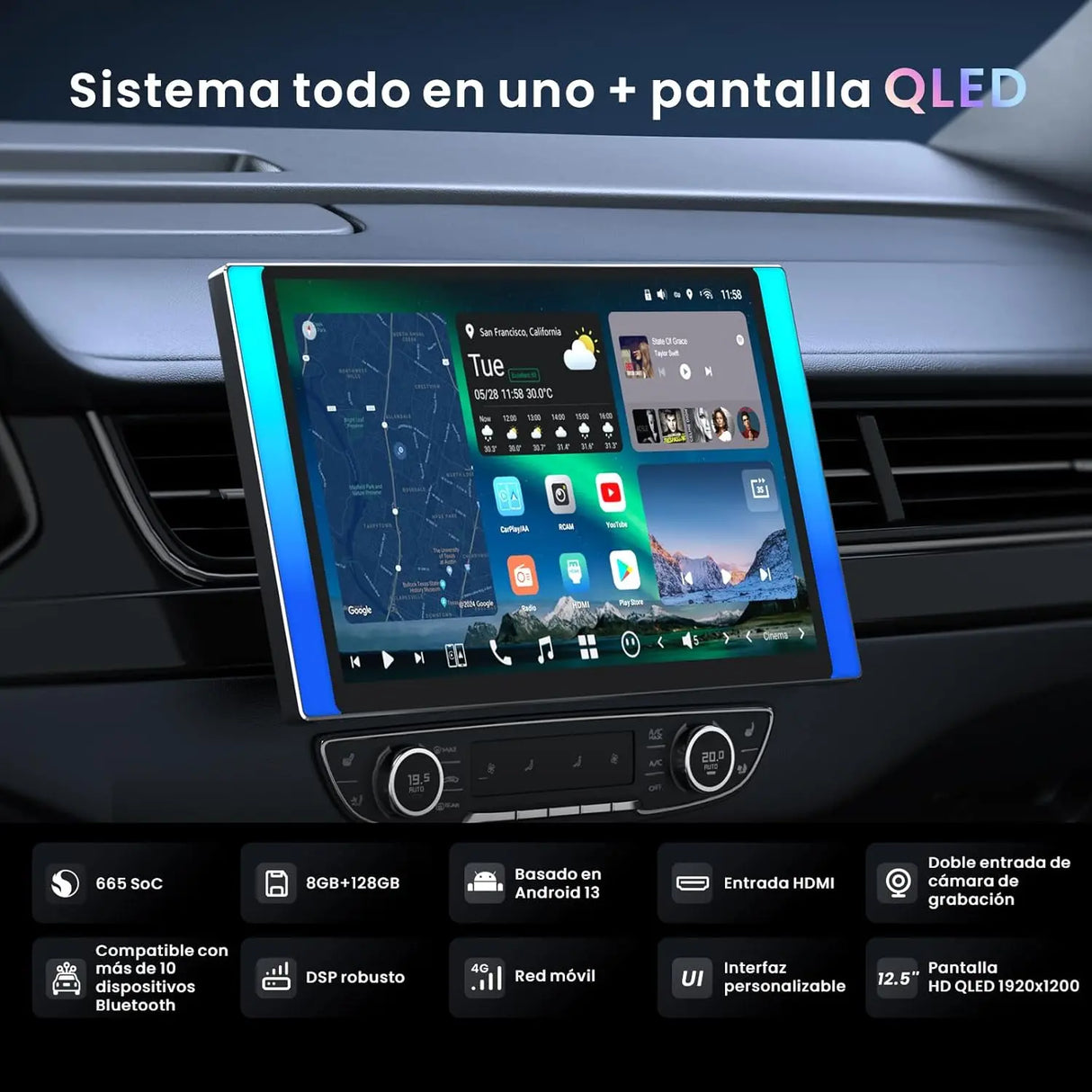 ATOTO X10G225E 12.5" 2Din Radiocasetes Coche Android QLED, 8+128 GB, CarPlay inalámbrico y Android Auto, 4G LTE, Asistente de voz AI, GPS, Micrófono dual, Bluetooth, LRV, 36B-EQ, Entrada HDMI