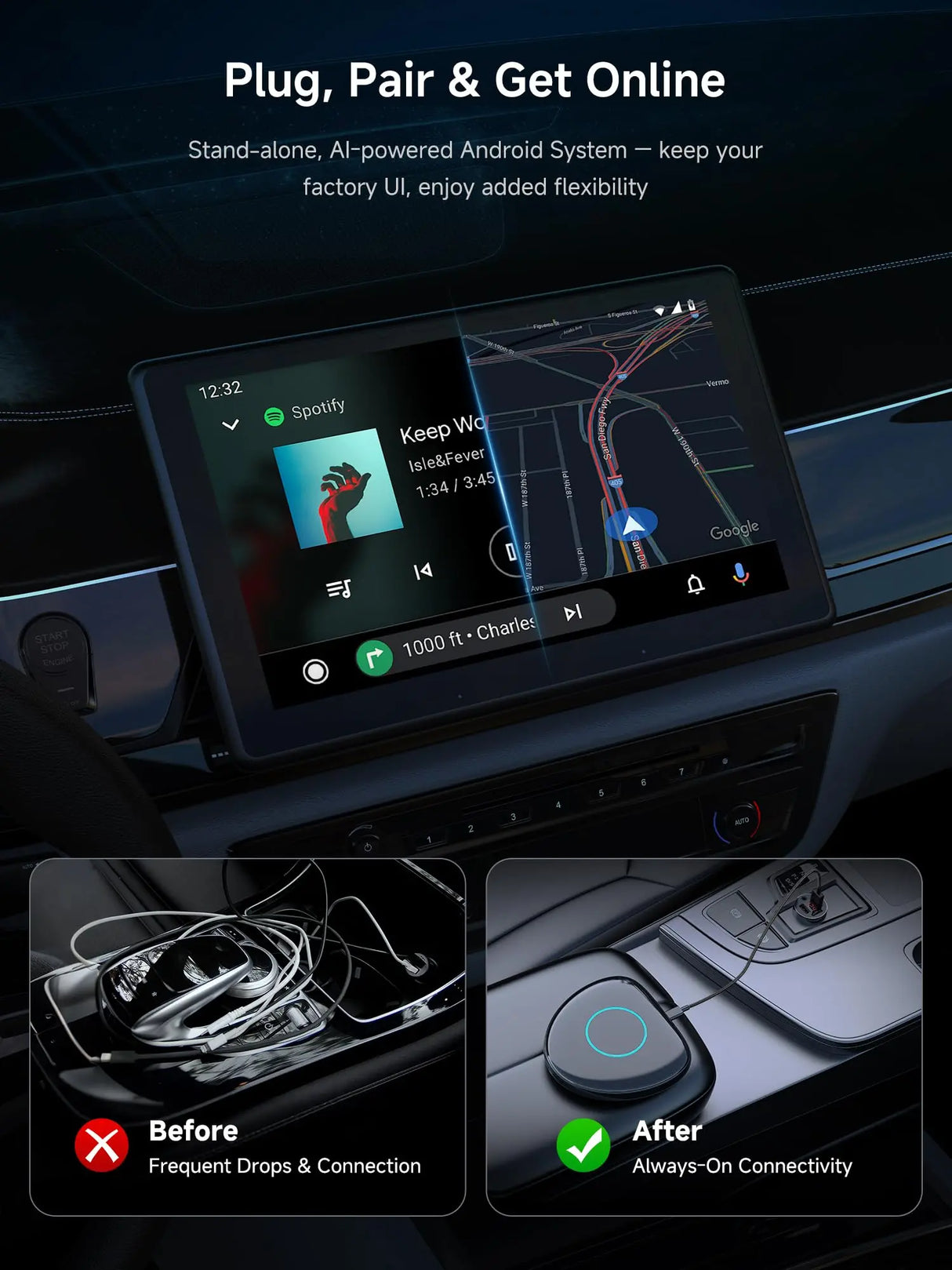 ATOTO CB6 CarPlay AI Box – Android Auto Wireless Adapter, 8GB+128GB Car Streaming Device with 4G, Dual Bluetooth, USB, Built-in GPS, AI Assistant, microSD Expansion, OTA