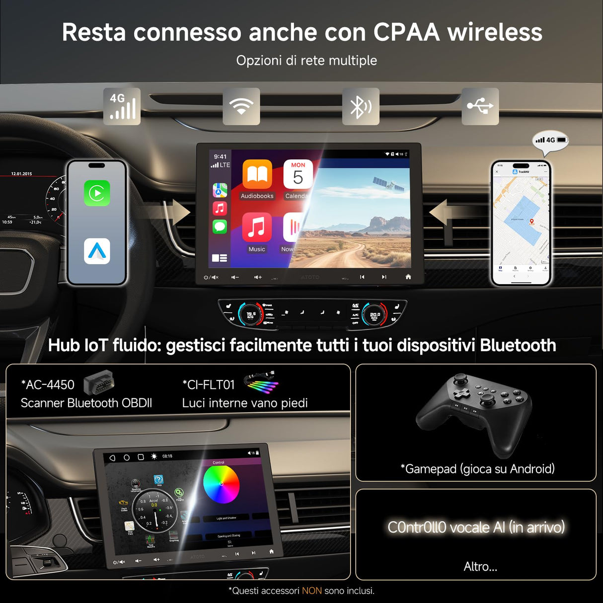 ATOTO S8G1104MS Autoradio 1 Din Android con Schermo Galleggiante da 10,1", 4G LTE, Wireless CarPlay & Android Auto, 4G+32G, AI Intelligente, Doppio Bluetooth, 36-Band EQ & DSP, SCVC/LRV