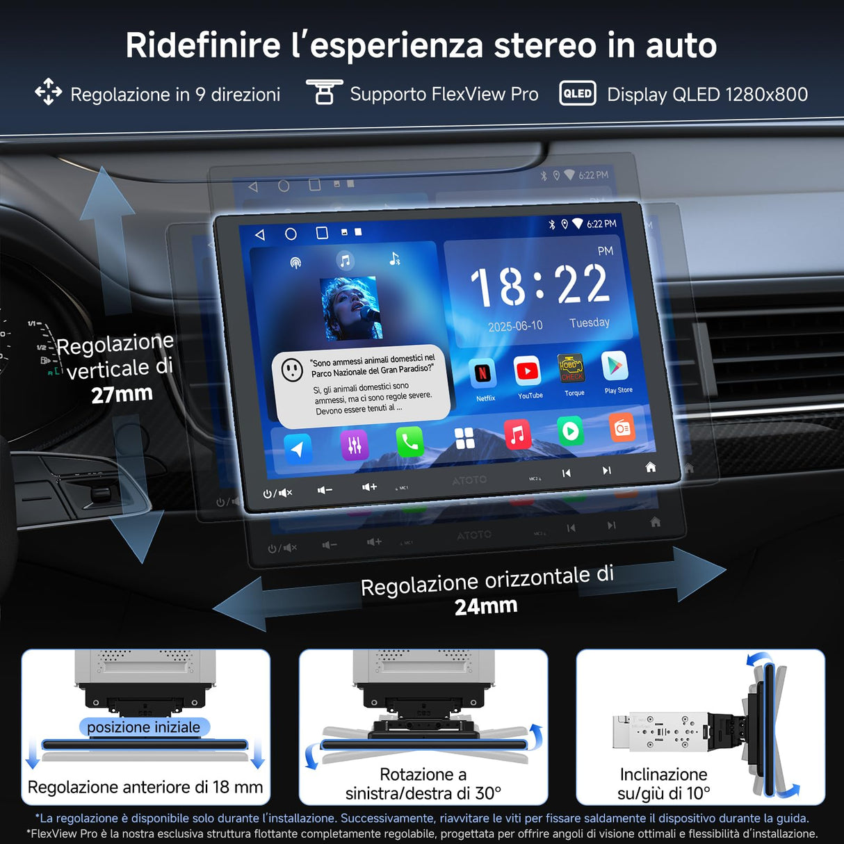 ATOTO A5LG110T 10" Autoradio 1 DIN/2 DIN Android con schermo flottante, telecamera posteriore, CarPlay e Android Auto senza fili, tethering WiFi/BT/USB, MirrorLink, DSP, FM/RDS, 2G+32G