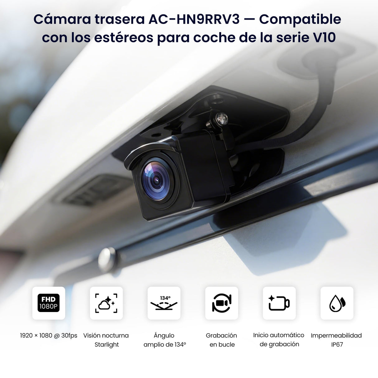 ATOTO AC-HN9RRV3 Cámara Trasera AHD 1080p, 134° Gran Angular, Visión Nocturna Starlight, IP67, Sensor G, Modo Aparcamiento, Grabación en Bucle, Solo Serie V10