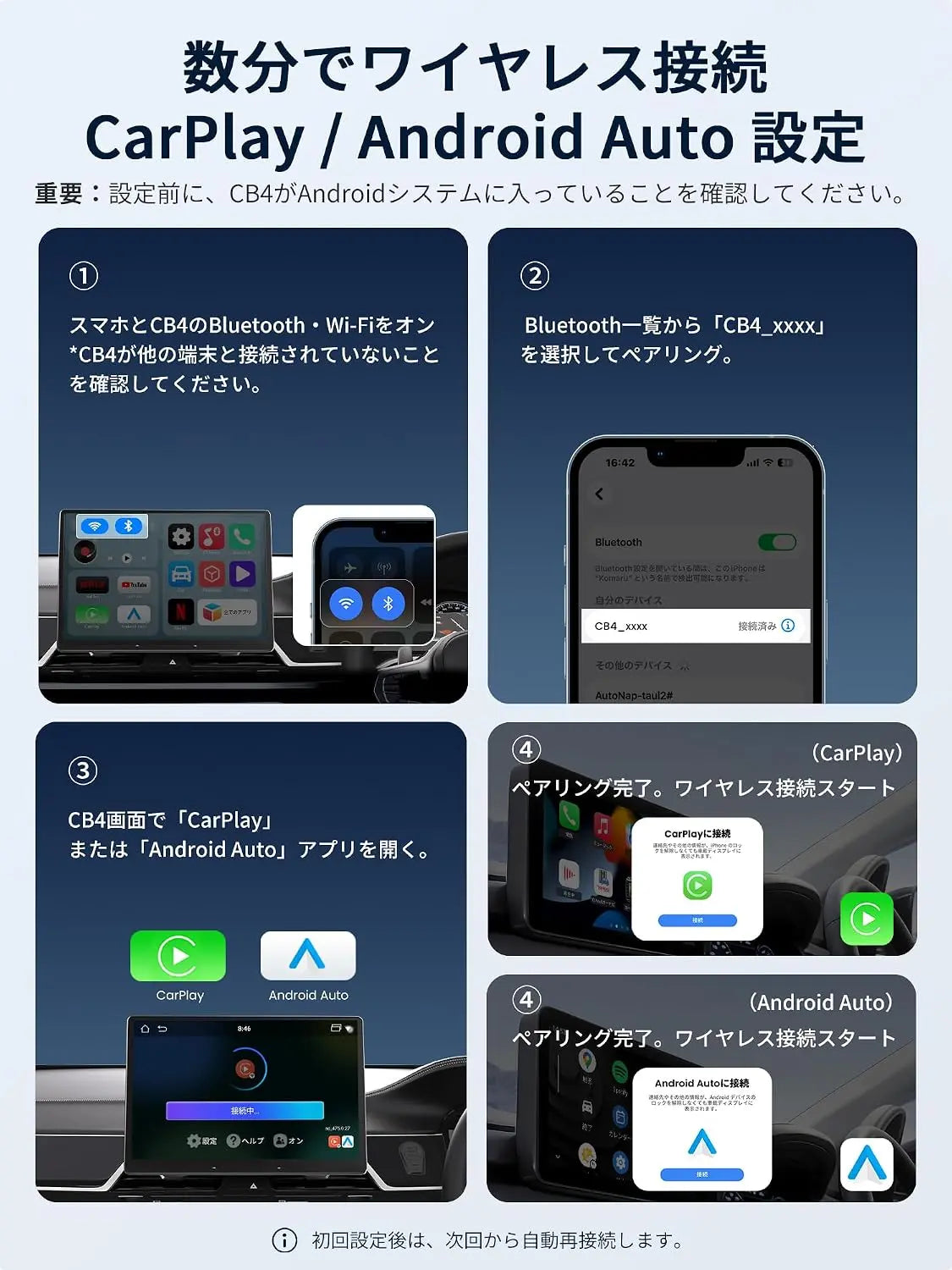 ATOTO CB4CT Android Box【AI Box ワイヤレスアダプター】CarPlay・Android Auto対応 2GB+16GB 動画配信対応（YouTube/Hulu/Spotify） 車載マルチメディアボックス デュアルWi-Fi・デュアルBluetooth AIアシスタント HDMI出力 USB対応 プラグ＆プレイ OTAアップデート OBD II搭載 モデル