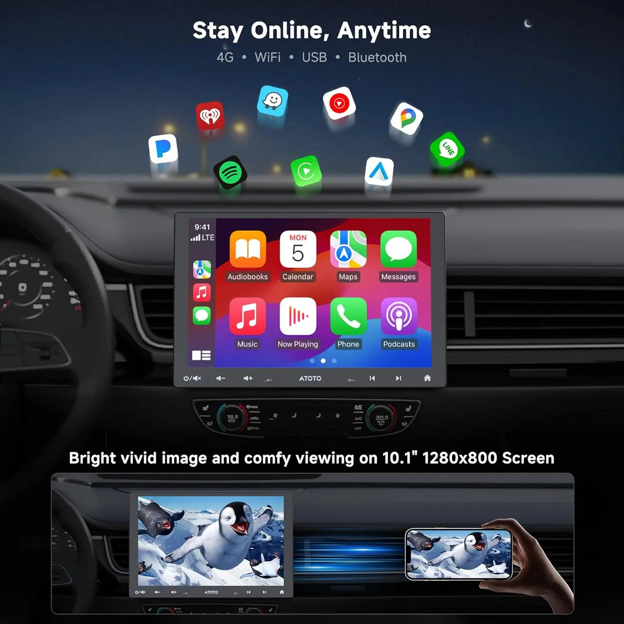 ATOTO S8G2104PR Autoradio 2 DIN 10 inch, Dubbel Bluetooth med aptX HD, Inbyggt 4G-modem, USB-delning, Delad Skärm, Android Auto & CarPlay, VSV & LRV, Digital Mediemottagare