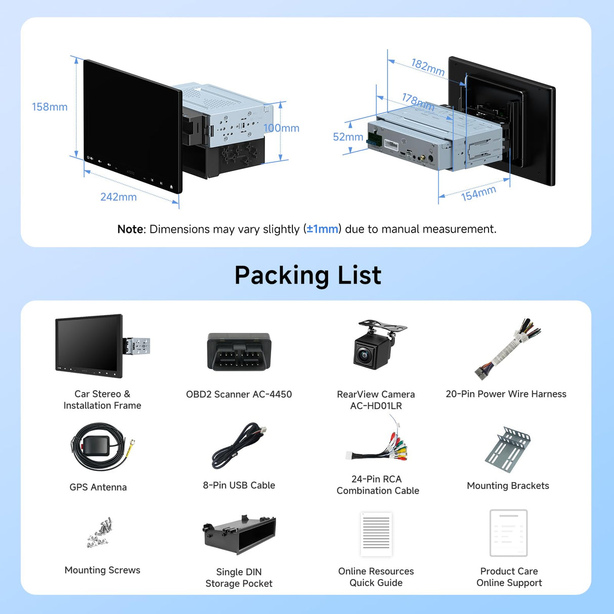 ATOTO A5LG110T 10.1" Android Single & Double Din Car Stereo with Backup Camera & OBD2 Scanner, 2G+32G Wireless CarPlay Android Auto Floating QLED Touchscreen Car Radio, LRV